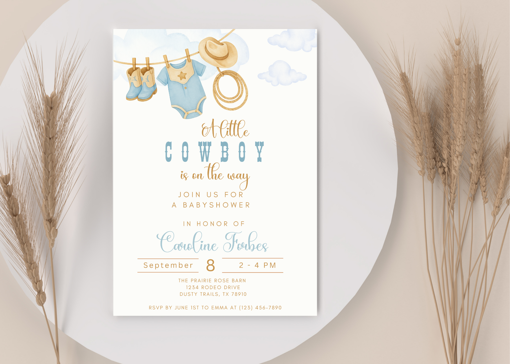 A Little Cowboy is on the Way Invitation | Editable Western Baby Shower Template | Rustic Rodeo Theme | Printable Digital Download