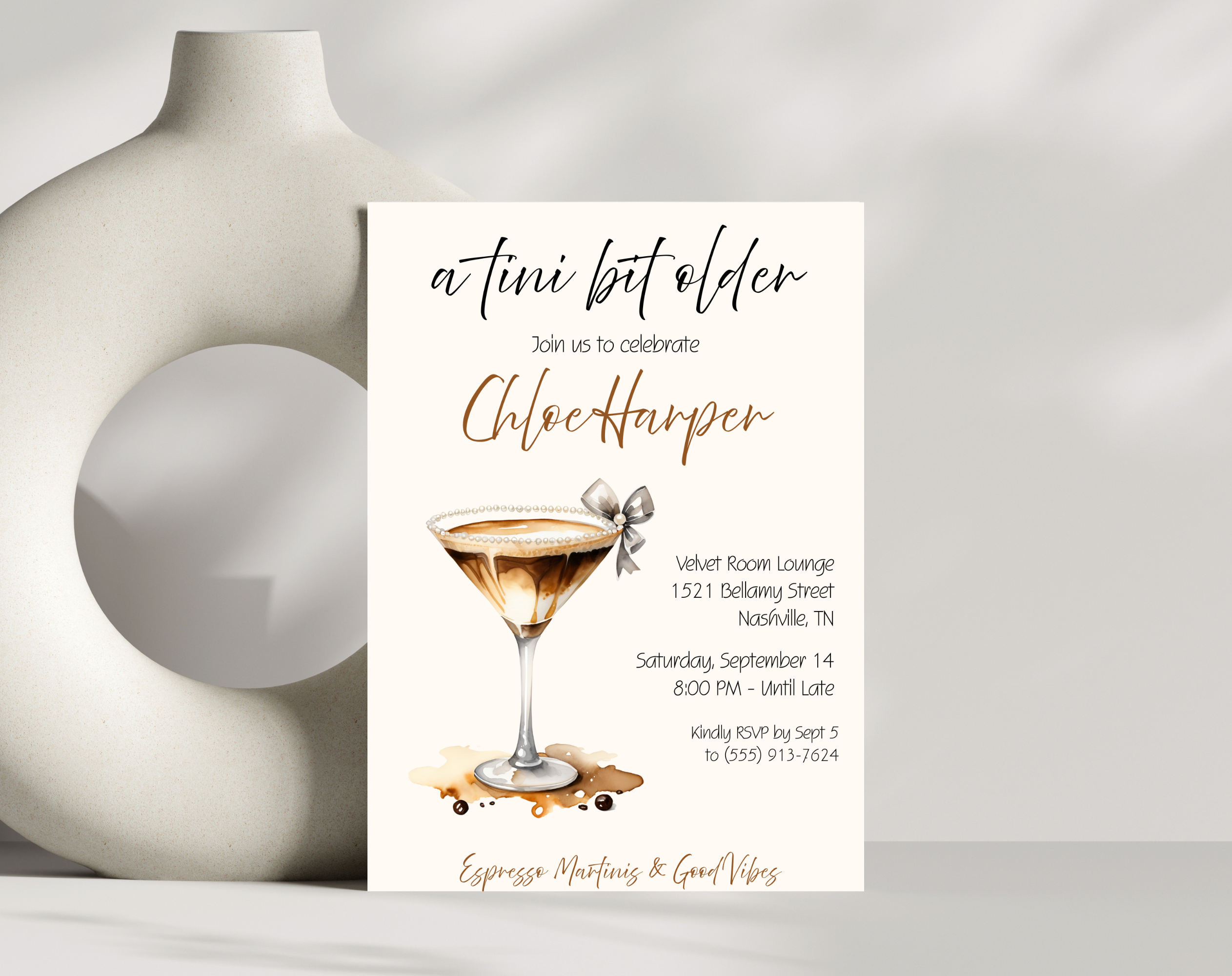 A Tini Bit Older Birthday Invitation | Espresso Martini Cocktail Party | Women’s Birthday Invite Drink Bow EDITABLE template in Canva