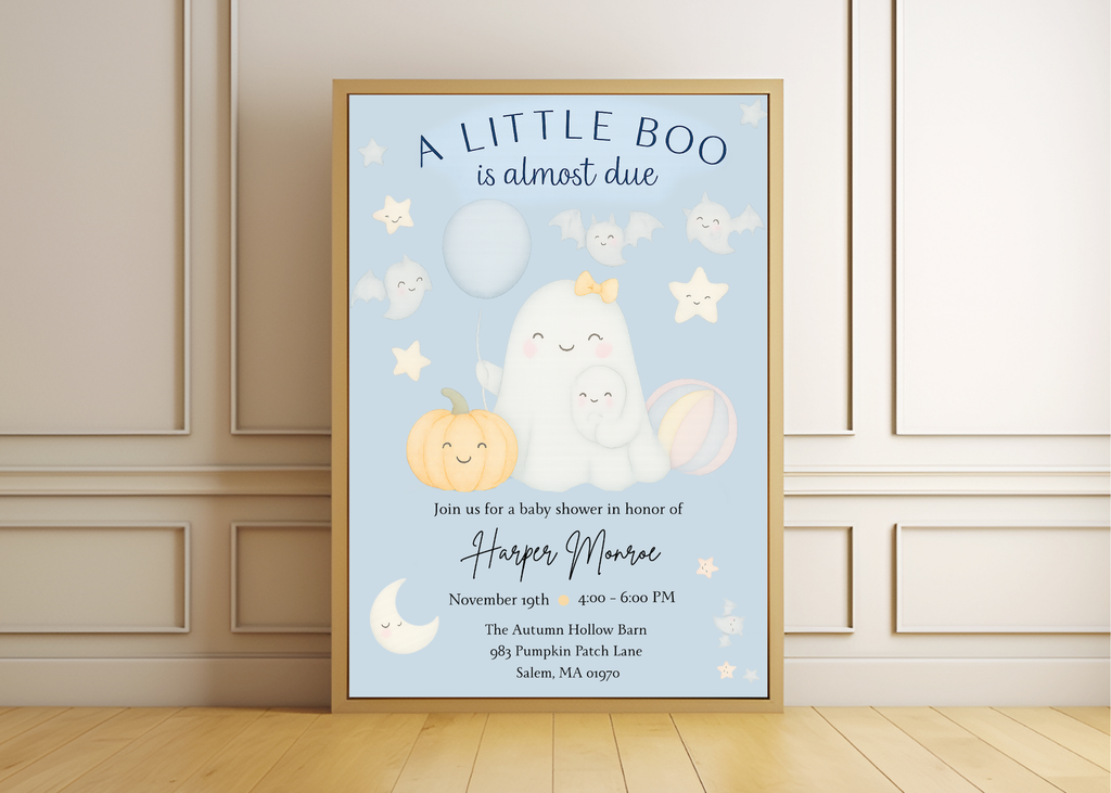 A Little Boo Baby Shower Invitation, Blue Halloween Baby Shower Invitation, Ghost Halloween Boy Baby Shower Invite, Editable Template Blue
