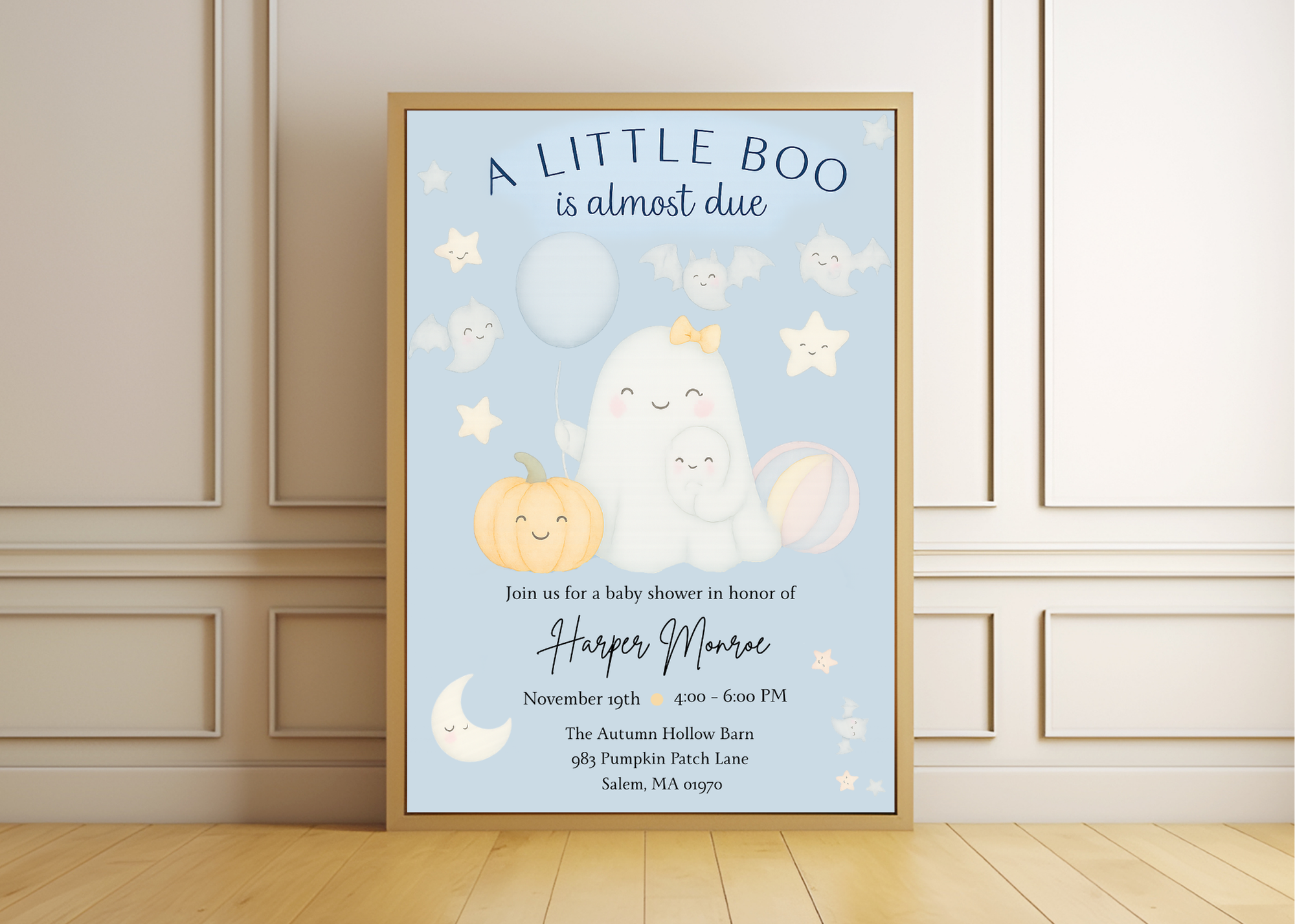 A Little Boo Baby Shower Invitation, Blue Halloween Baby Shower Invitation, Ghost Halloween Boy Baby Shower Invite, Editable Template Blue