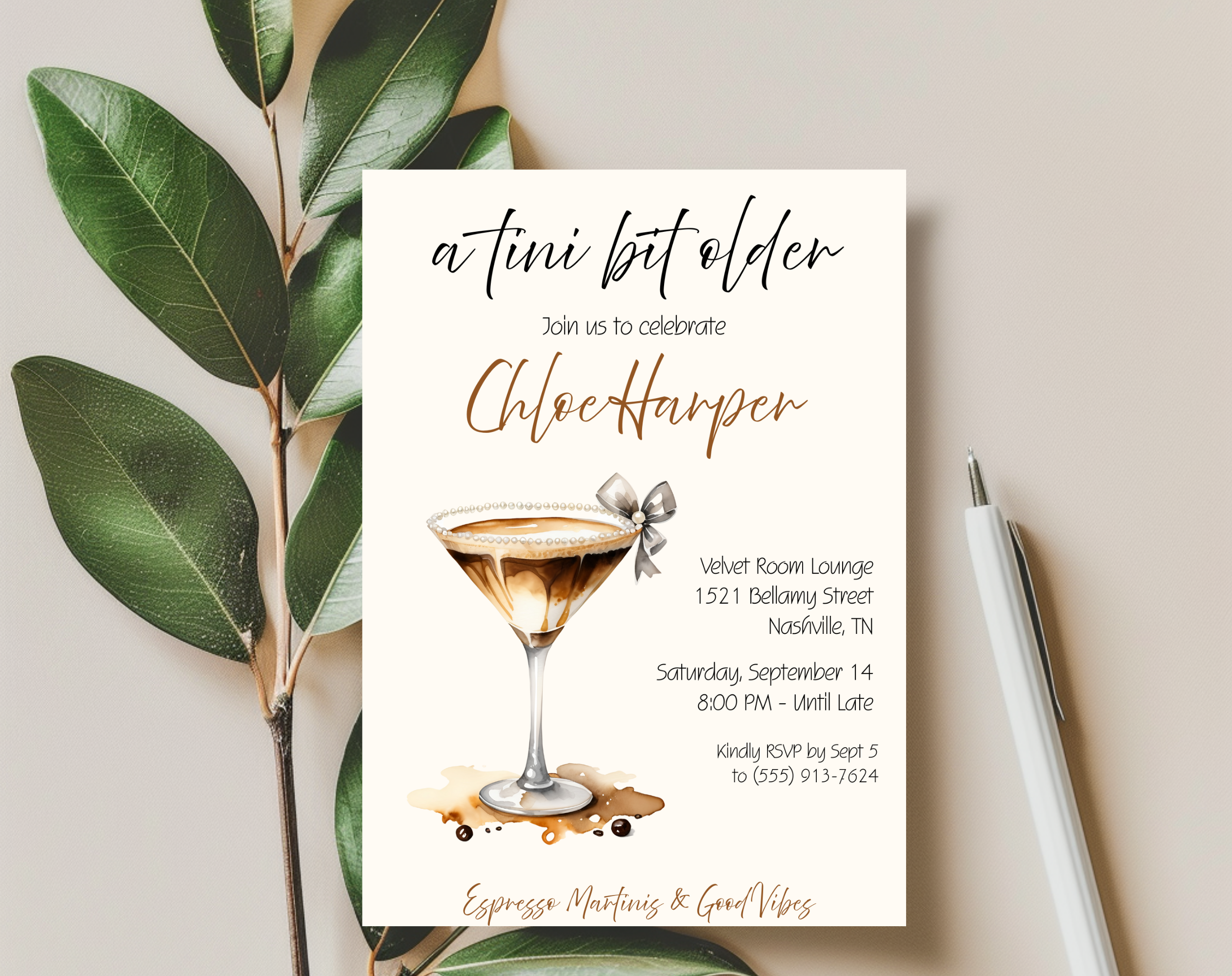 A Tini Bit Older Birthday Invitation | Espresso Martini Cocktail Party | Women’s Birthday Invite Drink Bow EDITABLE template in Canva