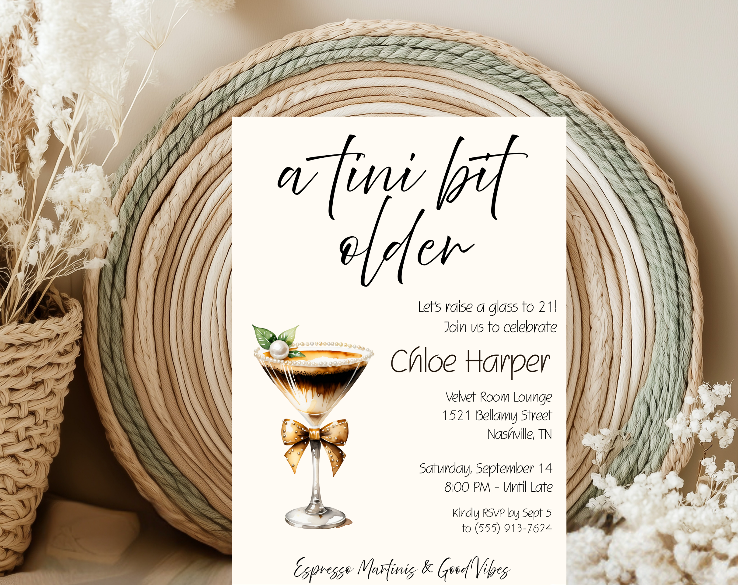 A Tini Bit Older 21st Birthday Invite | Espresso Martini Cocktail Party | Women’s Birthday Invite Drink Bow EDITABLE template in Canva