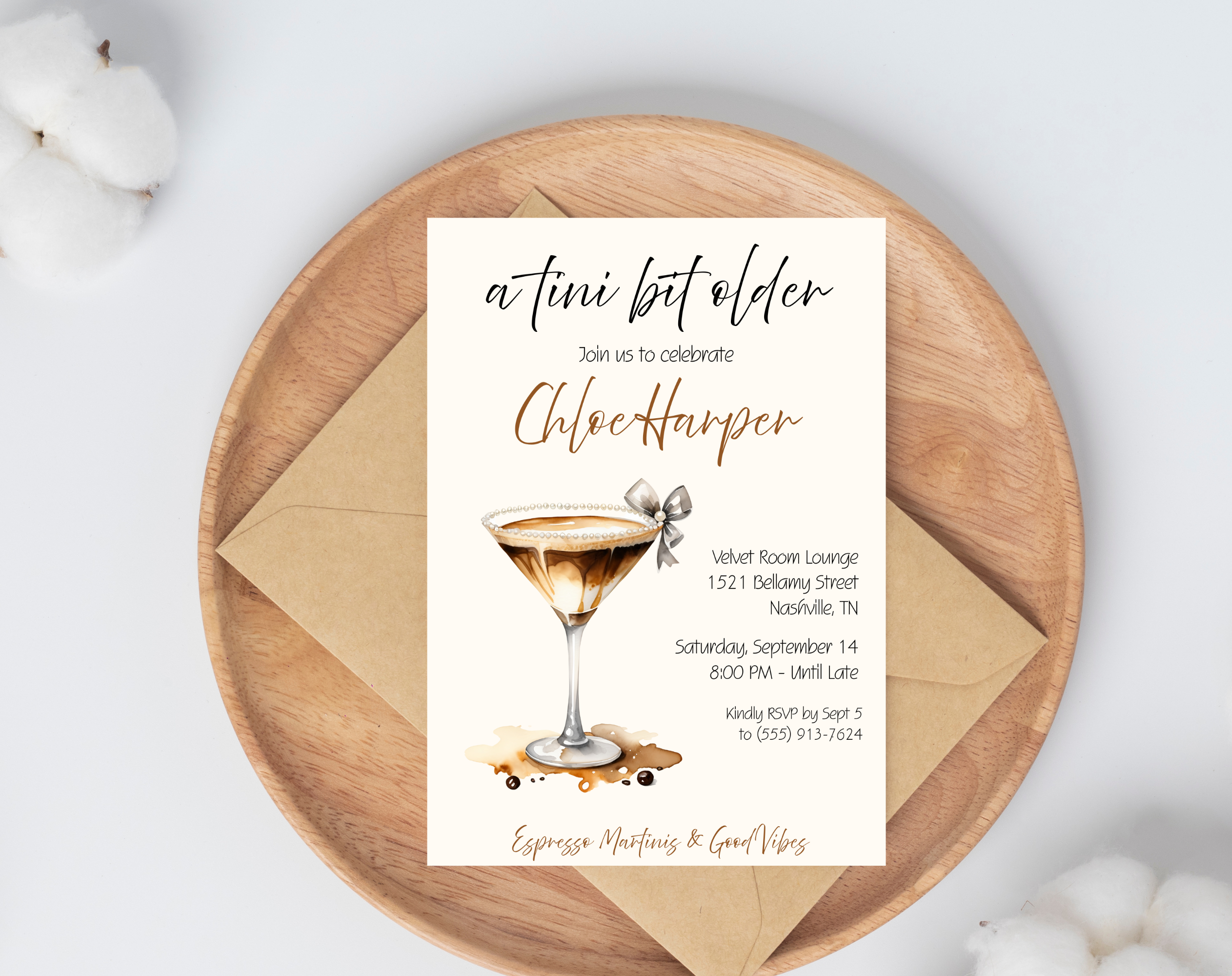 A Tini Bit Older Birthday Invitation | Espresso Martini Cocktail Party | Women’s Birthday Invite Drink Bow EDITABLE template in Canva