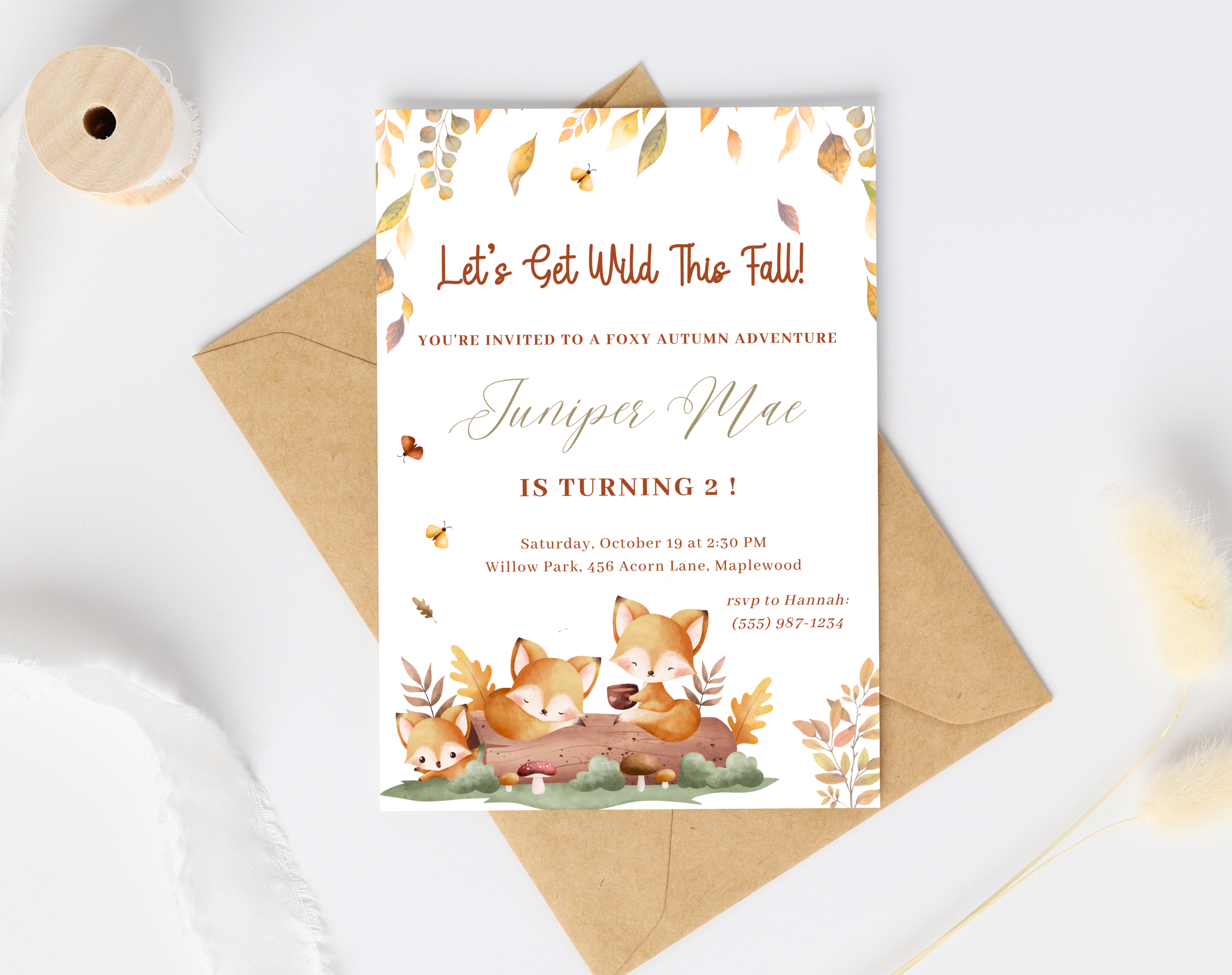 Foxy Autumn Birthday Invitation | Forest Animal Fall Party Invite | 5x7 Canva Template | Editable Printable Digital Download for Kids
