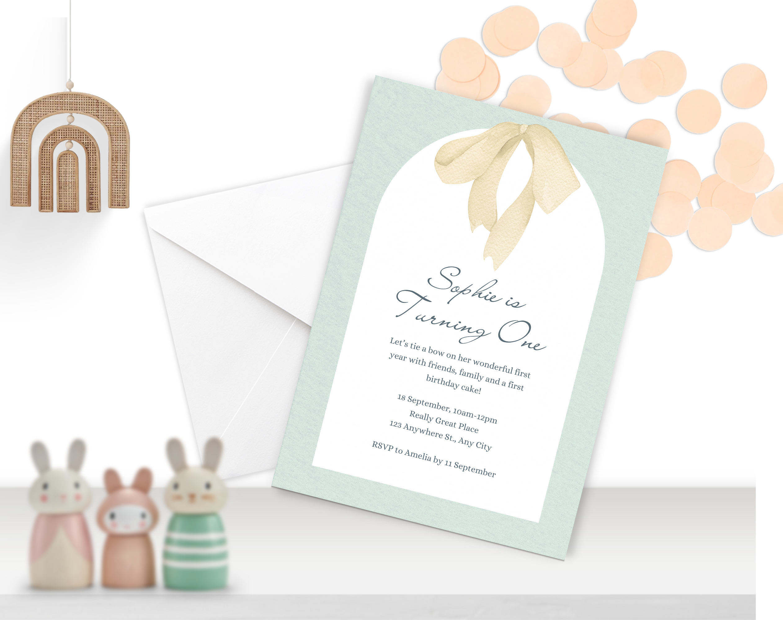 First Birthday Invitation Girl | Light Green Yellow Bow Theme | Editable Canva Template | Printable 1st Birthday Party Invite for Her
