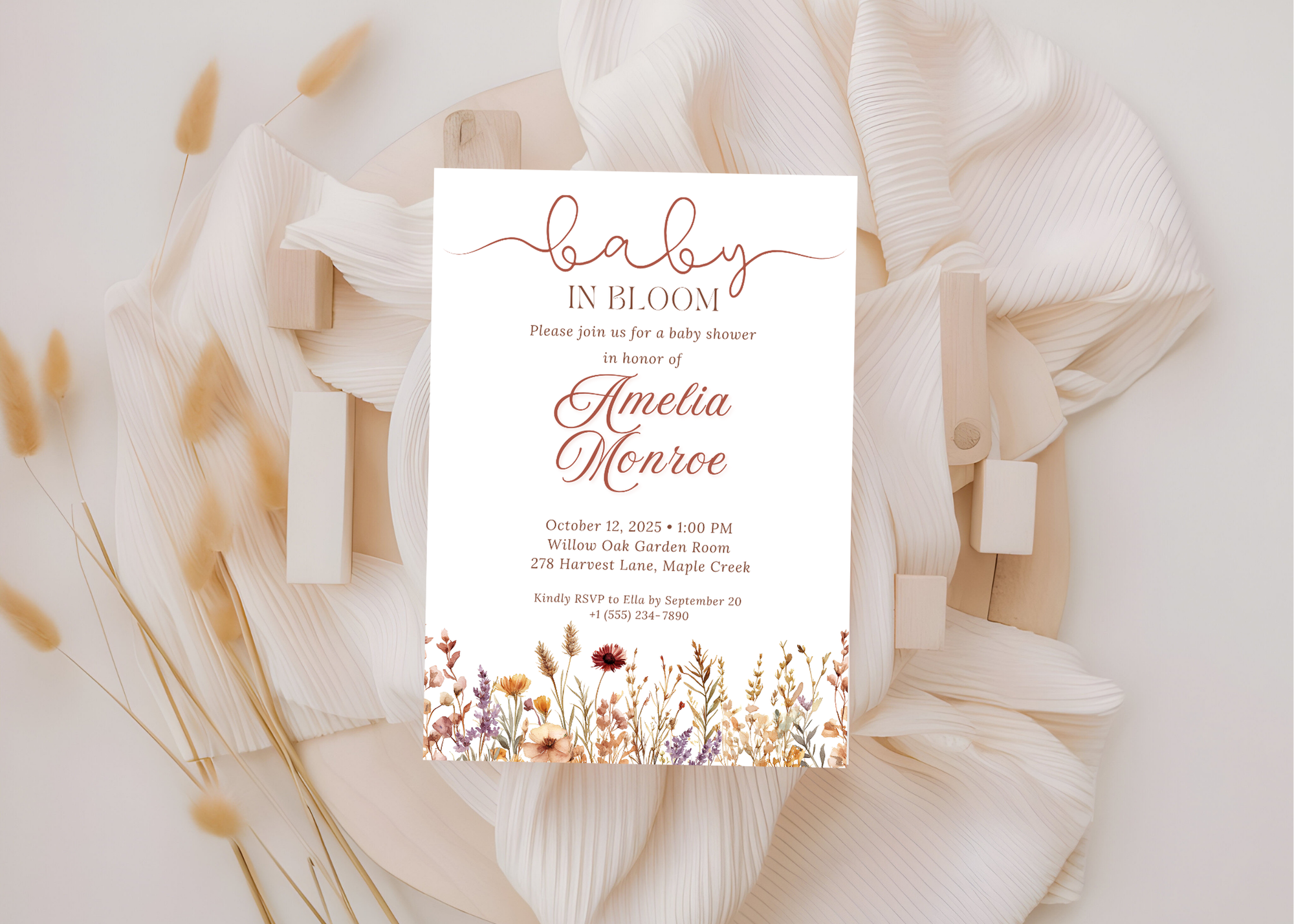 Baby in Bloom Baby Shower Invitation | Girly Boho Floral Flower Wildflowers Invite | Canva Template | Editable Printable Digital Download