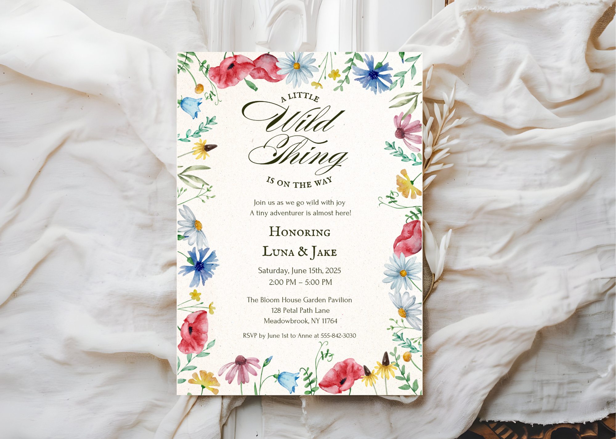 A Little Wildflower Is on the Way – Editable Baby Shower Invitation | Canva Template | Printable Floral Invite for Girl Baby Shower