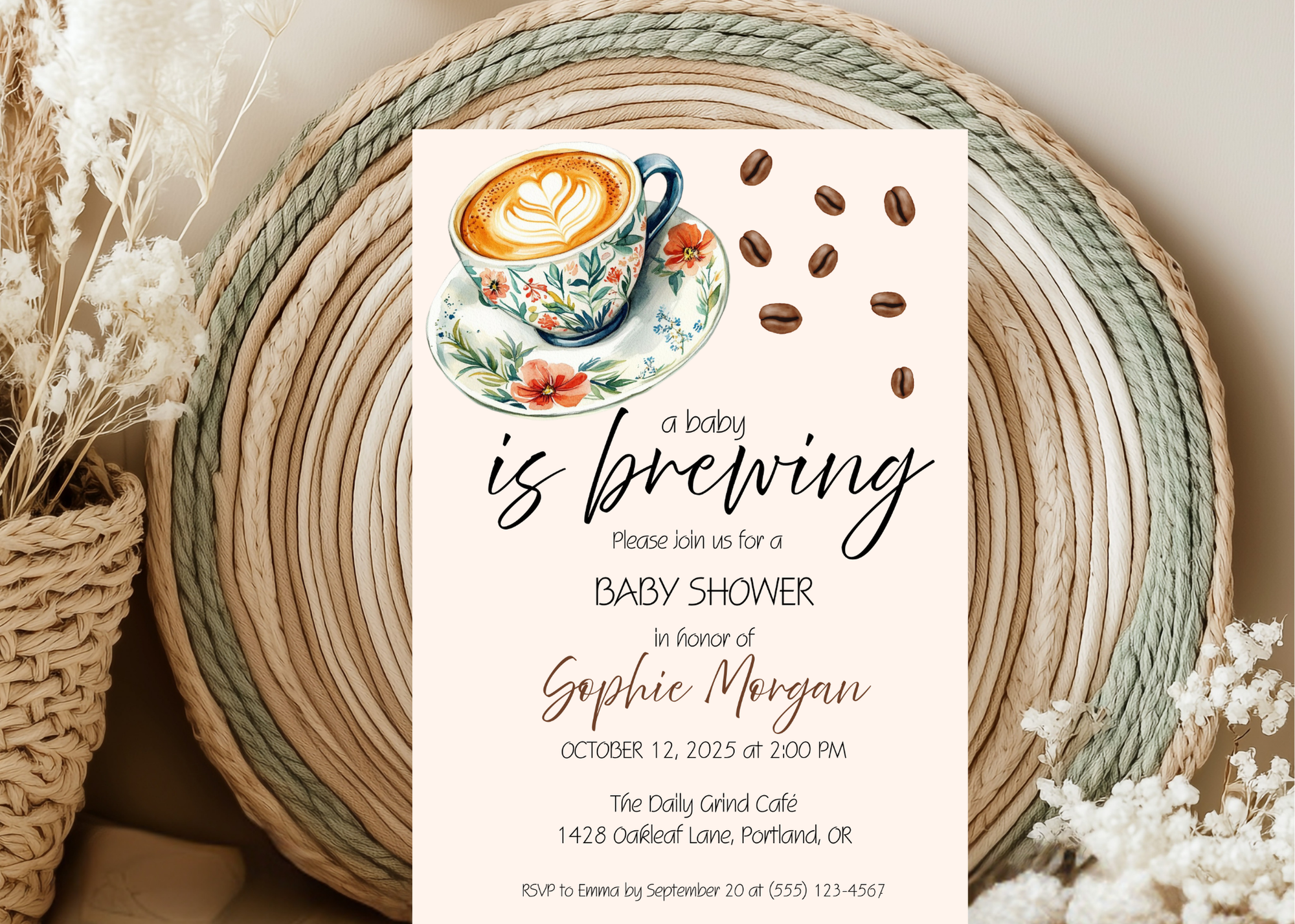A Baby Is Brewing Invite | Coffee Baby Shower Invitation | Canva Template | Printable 5x7 | Editable Digital Download for Baby Girl or Boy