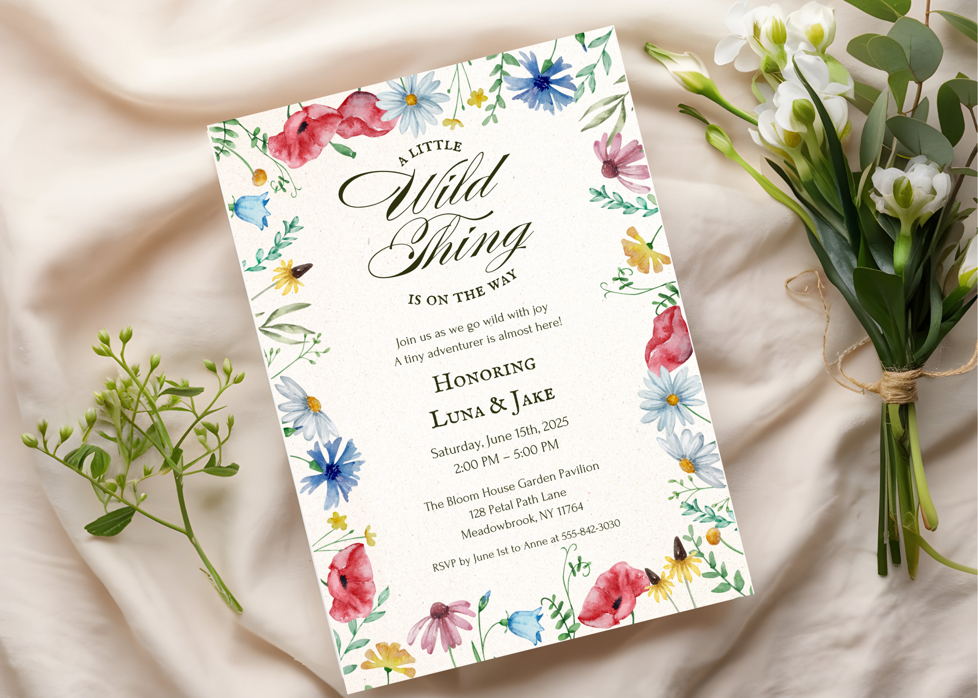 A Little Wildflower Is on the Way – Editable Baby Shower Invitation | Canva Template | Printable Floral Invite for Girl Baby Shower