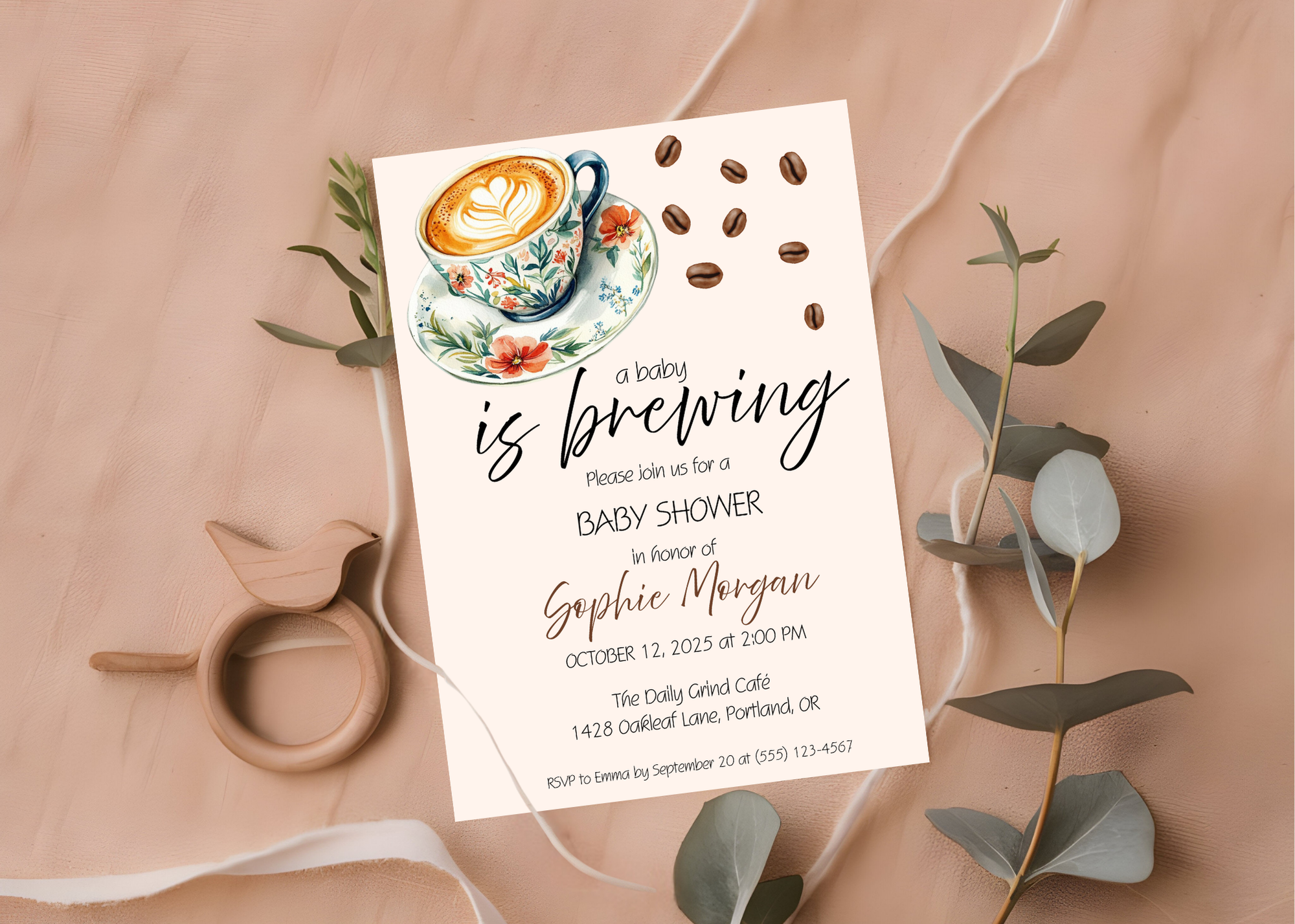 A Baby Is Brewing Invite | Coffee Baby Shower Invitation | Canva Template | Printable 5x7 | Editable Digital Download for Baby Girl or Boy