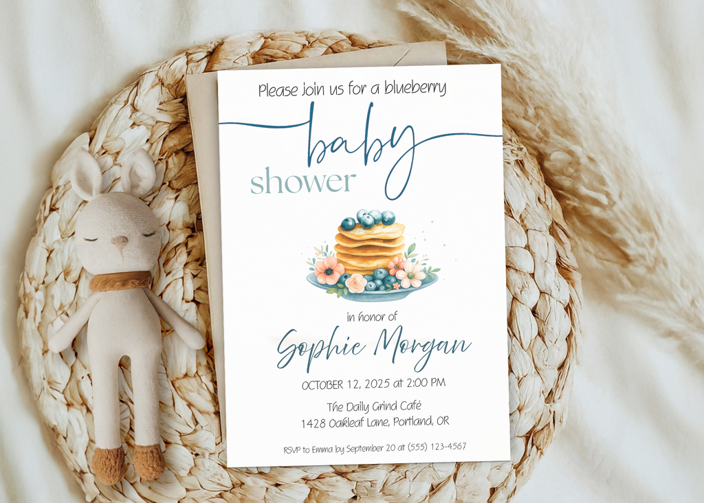 Blueberry Baby Shower Invitation Editable Canva Template Blueberry Pancake Sweet Brunch Invite Printable Digital Download Baby on the Way