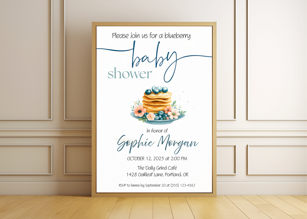 Blueberry Baby Shower Invitation Editable Canva Template Blueberry Pancake Sweet Brunch Invite Printable Digital Download Baby on the Way