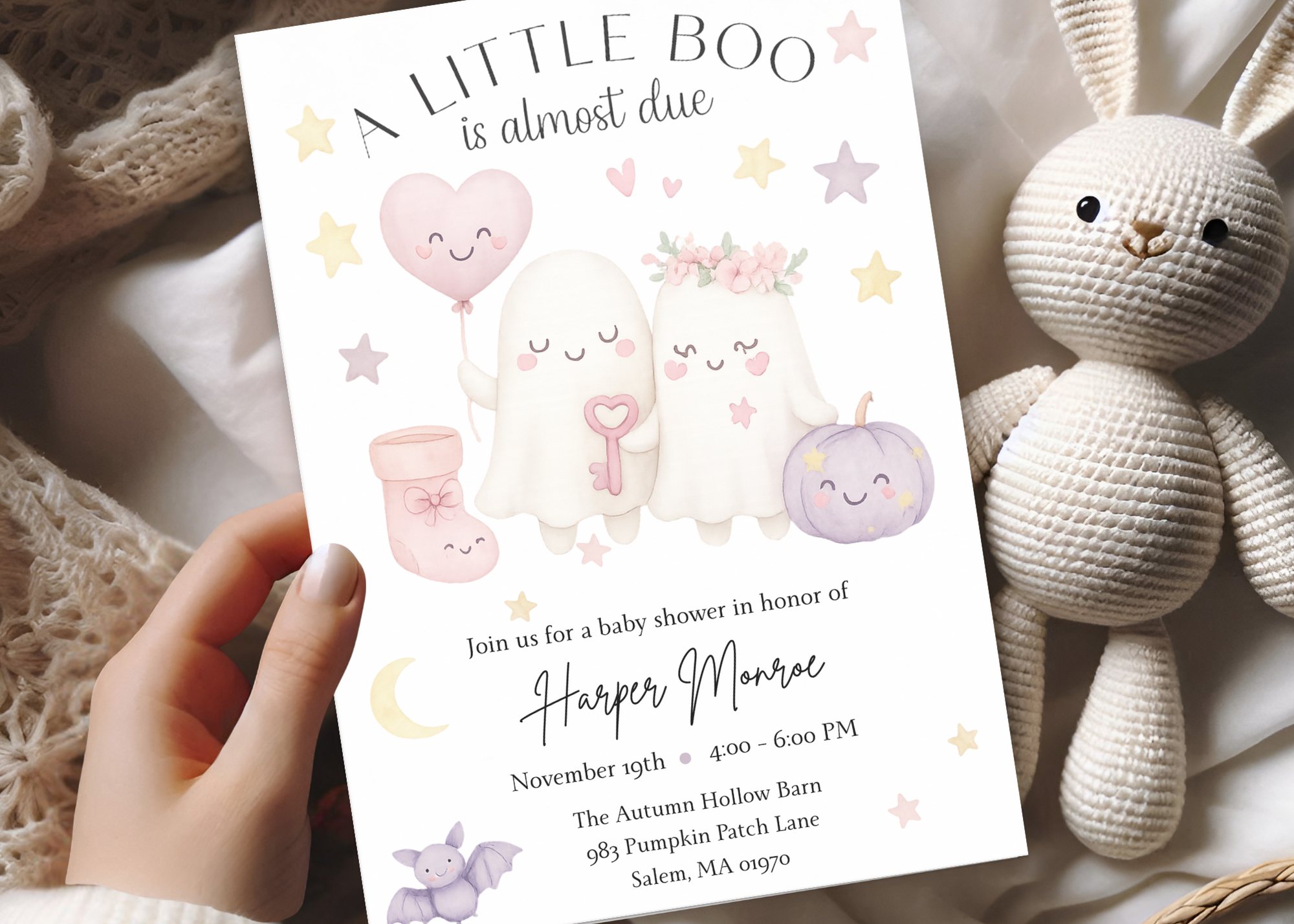 A Little Boo Baby Shower Invitation, Pink Halloween Baby Shower Invitation, Ghost Halloween Girl Baby Shower Invite, Editable Template Pink