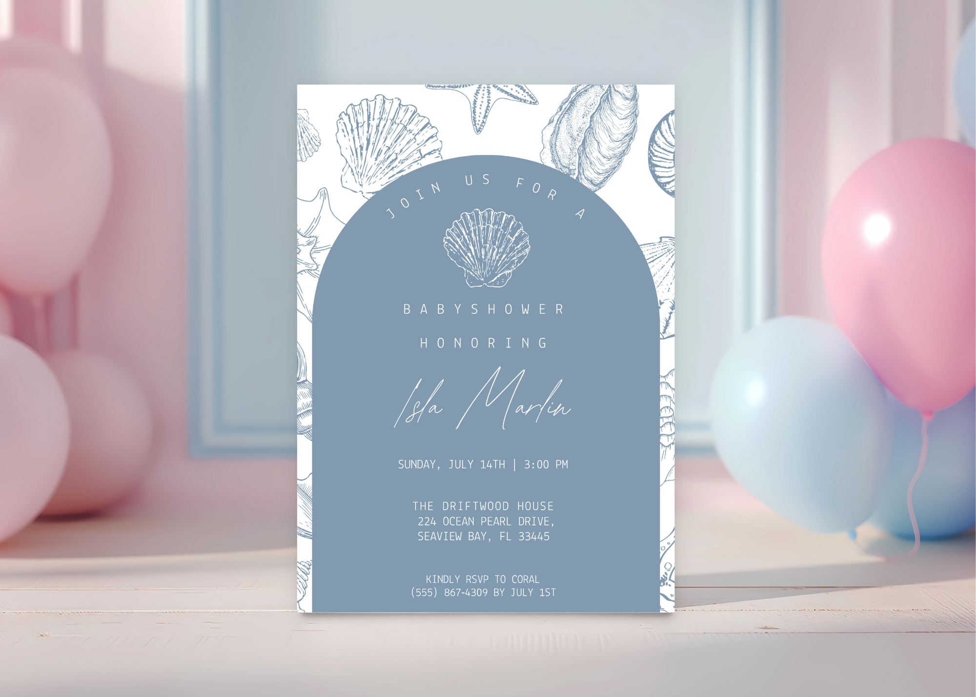 Sea You Soon Baby Shower Invitation | Ocean Shell 5×7 Canva Template | Beach Coastal Baby Invite | Editable Printable Digital Download