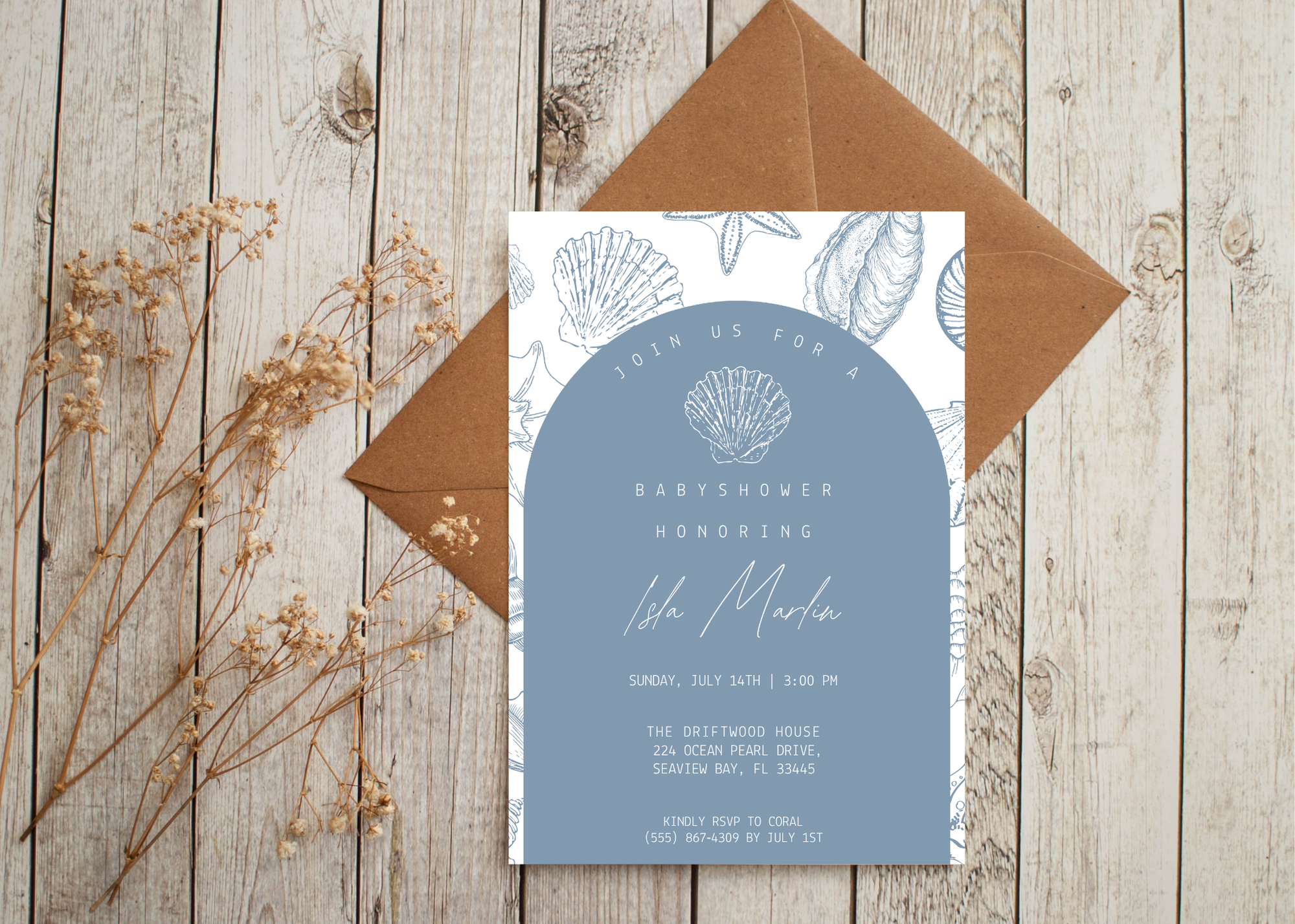 Sea You Soon Baby Shower Invitation | Ocean Shell 5×7 Canva Template | Beach Coastal Baby Invite | Editable Printable Digital Download