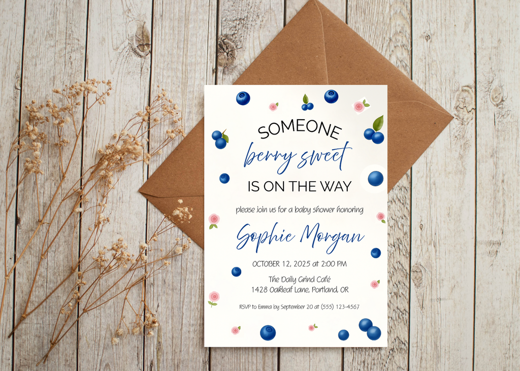Someone Berry Sweet Is On the Way Baby Shower Invite Blueberries Canva Template | Editable Printable Digital Download Blueberry Baby Shower