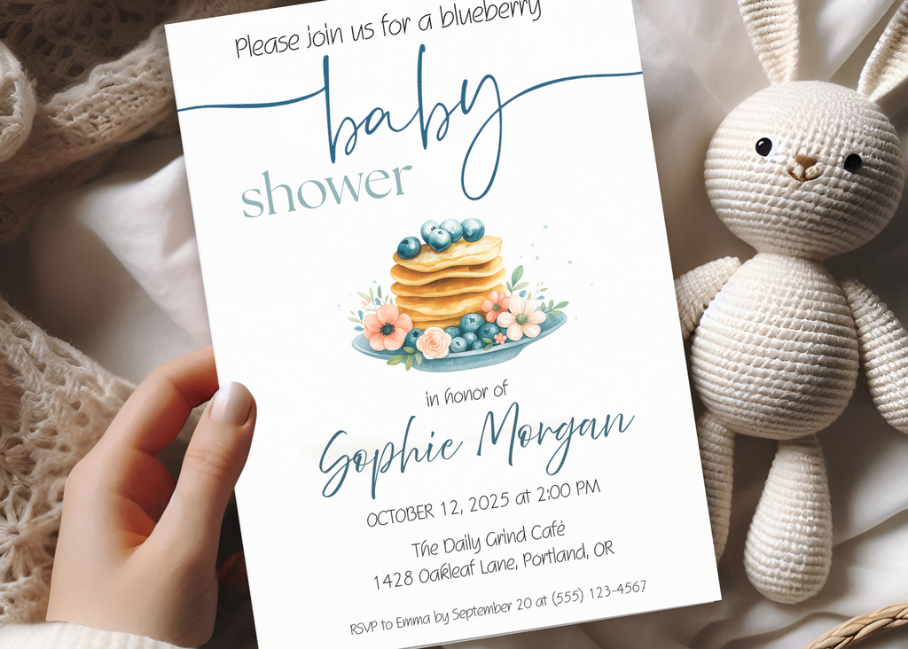 Blueberry Baby Shower Invitation Editable Canva Template Blueberry Pancake Sweet Brunch Invite Printable Digital Download Baby on the Way