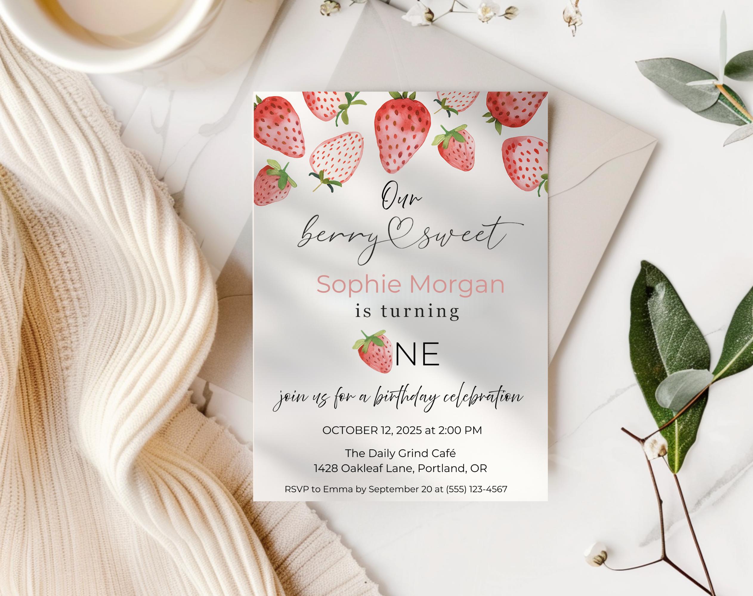 Our Berry Sweet Is Turning One Birthday Invite | Strawberry 1st Birthday Canva Template | Editable 5×7 Printable Digital Download for Girls