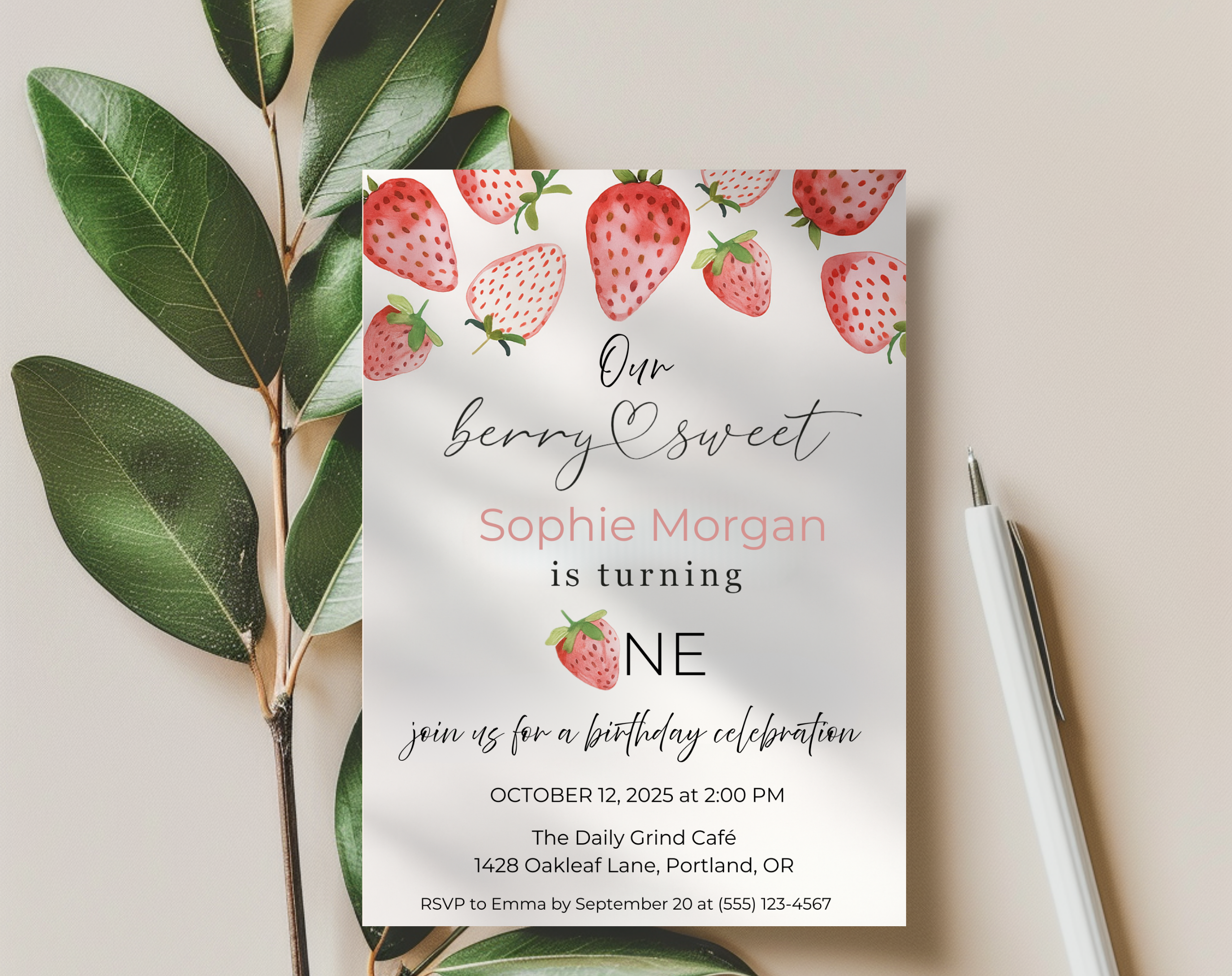 Our Berry Sweet Is Turning One Birthday Invite | Strawberry 1st Birthday Canva Template | Editable 5×7 Printable Digital Download for Girls