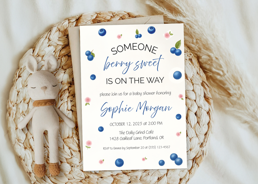 Someone Berry Sweet Is On the Way Baby Shower Invite Blueberries Canva Template | Editable Printable Digital Download Blueberry Baby Shower