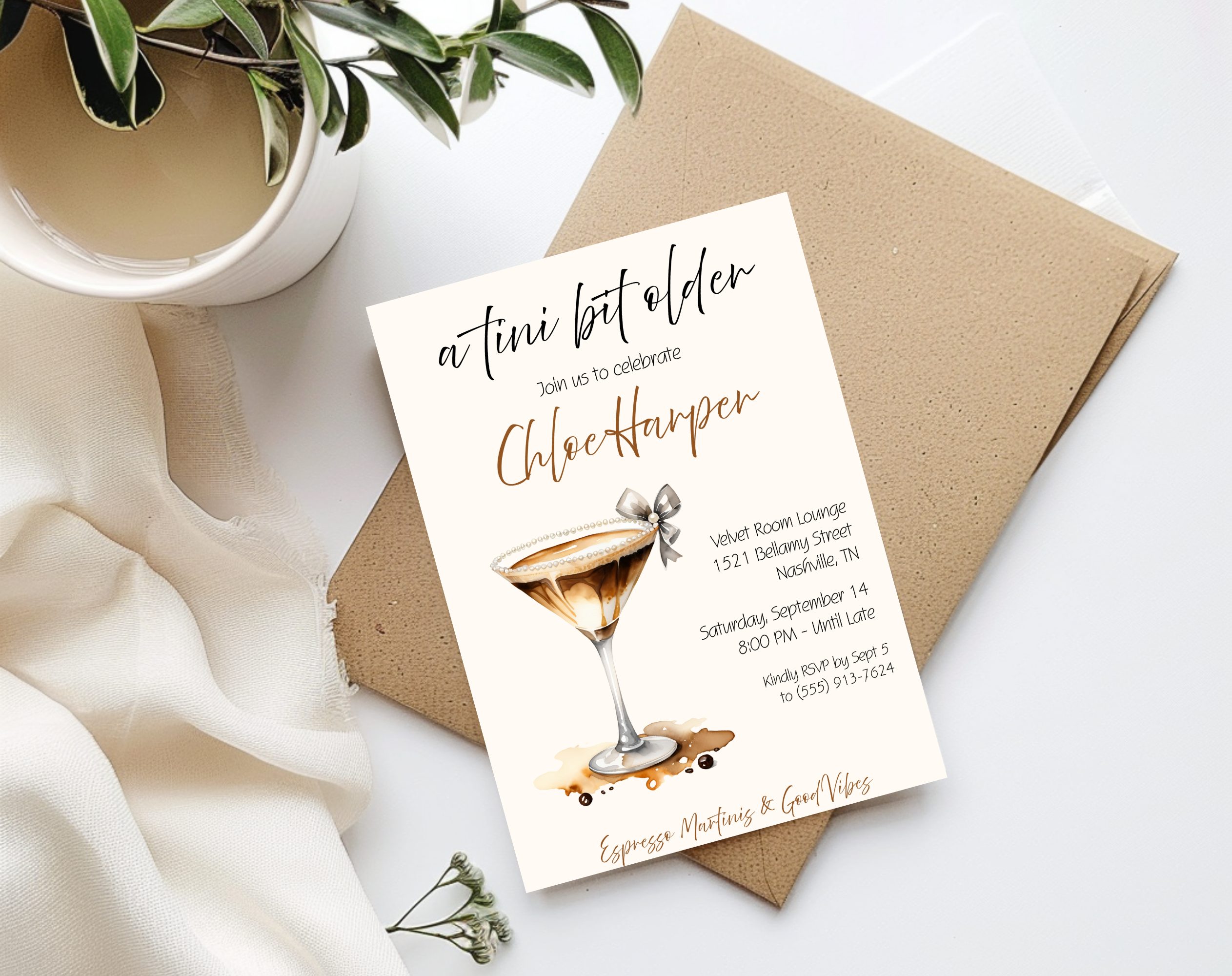 A Tini Bit Older Birthday Invitation | Espresso Martini Cocktail Party | Women’s Birthday Invite Drink Bow EDITABLE template in Canva