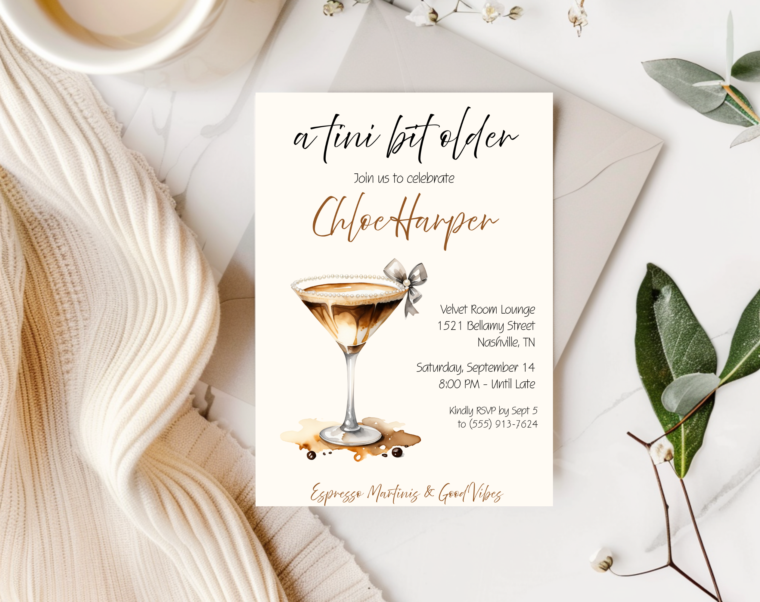 A Tini Bit Older Birthday Invitation | Espresso Martini Cocktail Party | Women’s Birthday Invite Drink Bow EDITABLE template in Canva