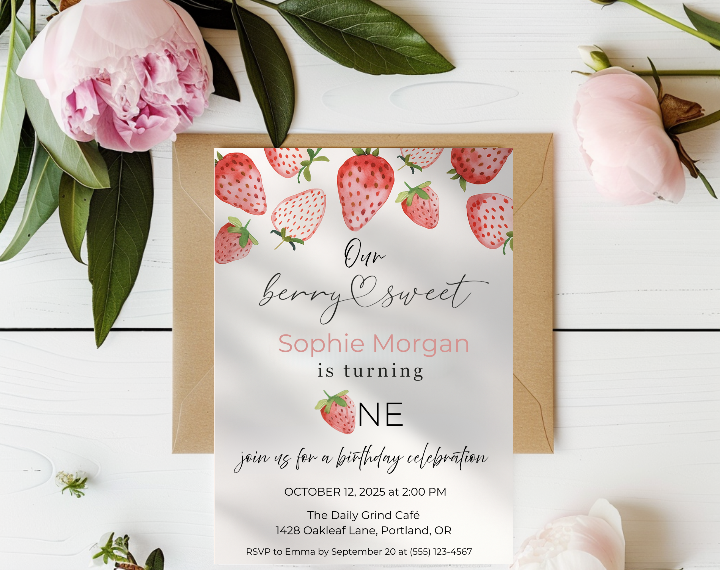 Our Berry Sweet Is Turning One Birthday Invite | Strawberry 1st Birthday Canva Template | Editable 5×7 Printable Digital Download for Girls