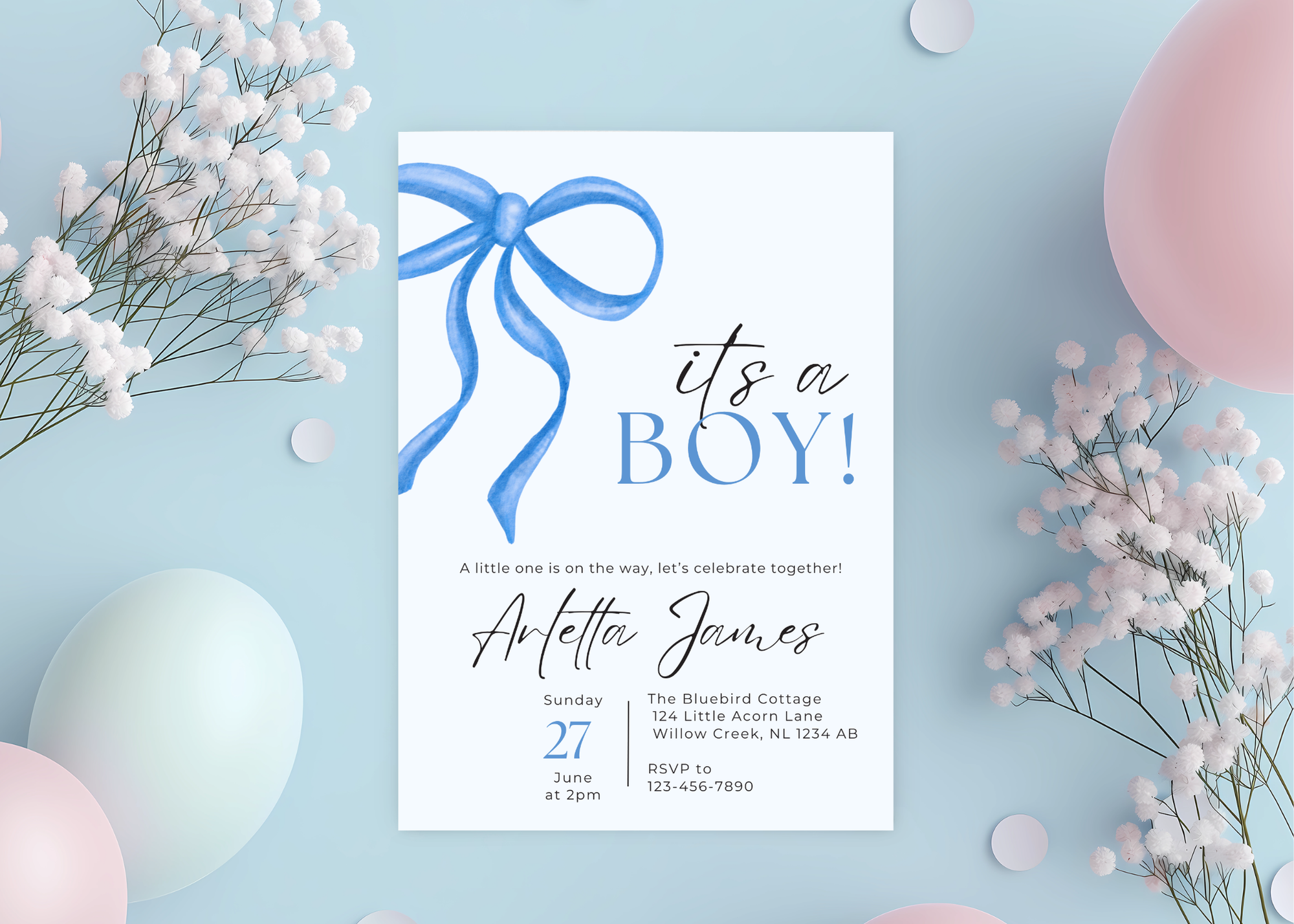 It's a Boy Baby Shower Invitation, Customizable Digital Template, Editable PDF, Instant Download, Blue Theme, Personalized Shower Invite