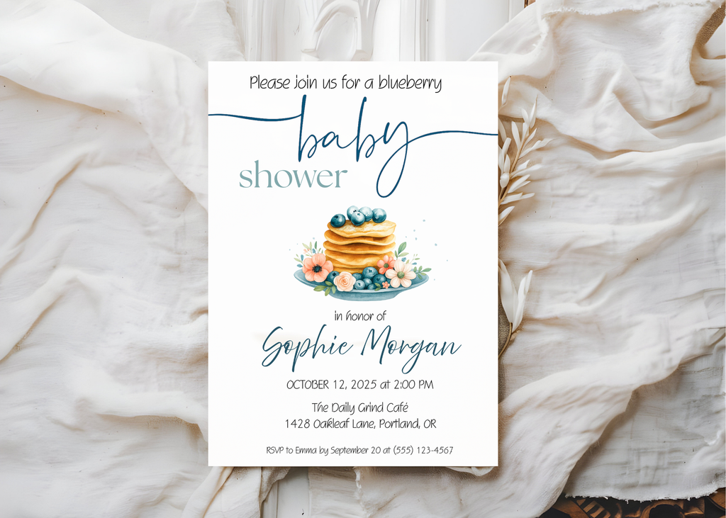 Blueberry Baby Shower Invitation Editable Canva Template Blueberry Pancake Sweet Brunch Invite Printable Digital Download Baby on the Way