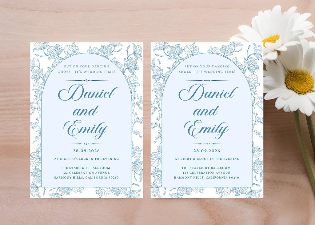Blue Toile Wedding Invitation | French Chinoiserie Floral Suite | Editable Canva Template | Dusty Blue Printable Elegant Wedding Invite