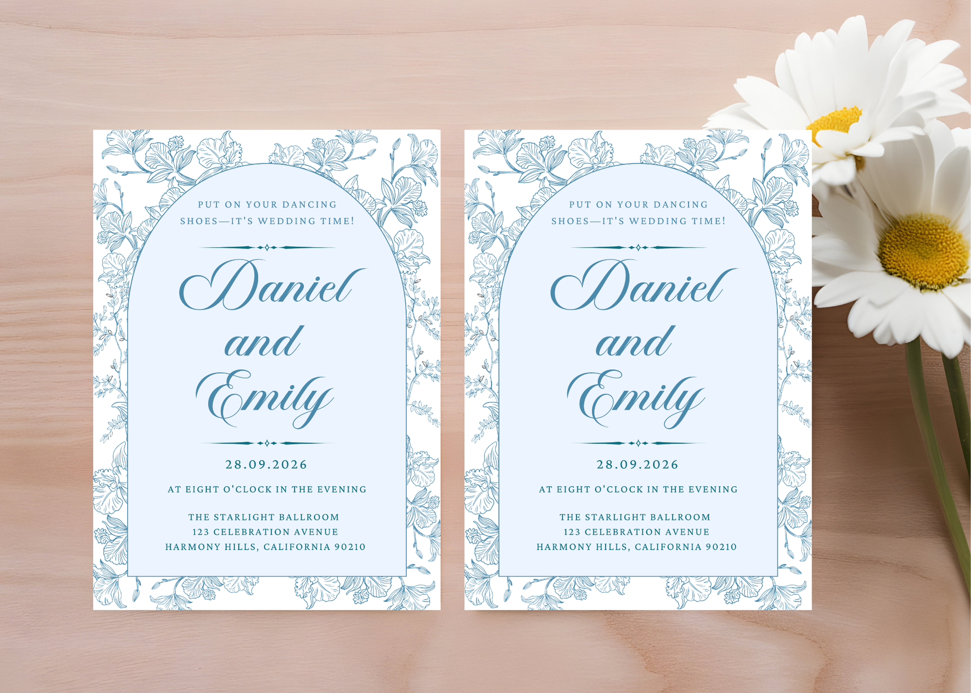Blue Toile Wedding Invitation | French Chinoiserie Floral Suite | Editable Canva Template | Dusty Blue Printable Elegant Wedding Invite