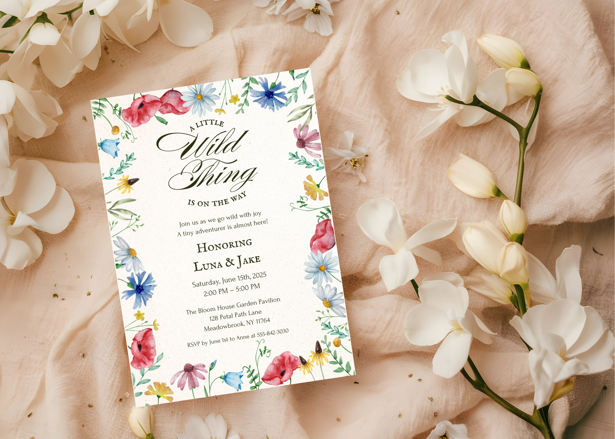A Little Wildflower Is on the Way – Editable Baby Shower Invitation | Canva Template | Printable Floral Invite for Girl Baby Shower