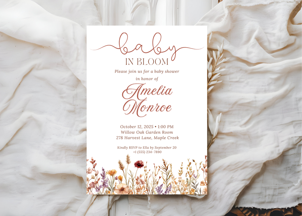 Baby in Bloom Baby Shower Invitation | Girly Boho Floral Flower Wildflowers Invite | Canva Template | Editable Printable Digital Download