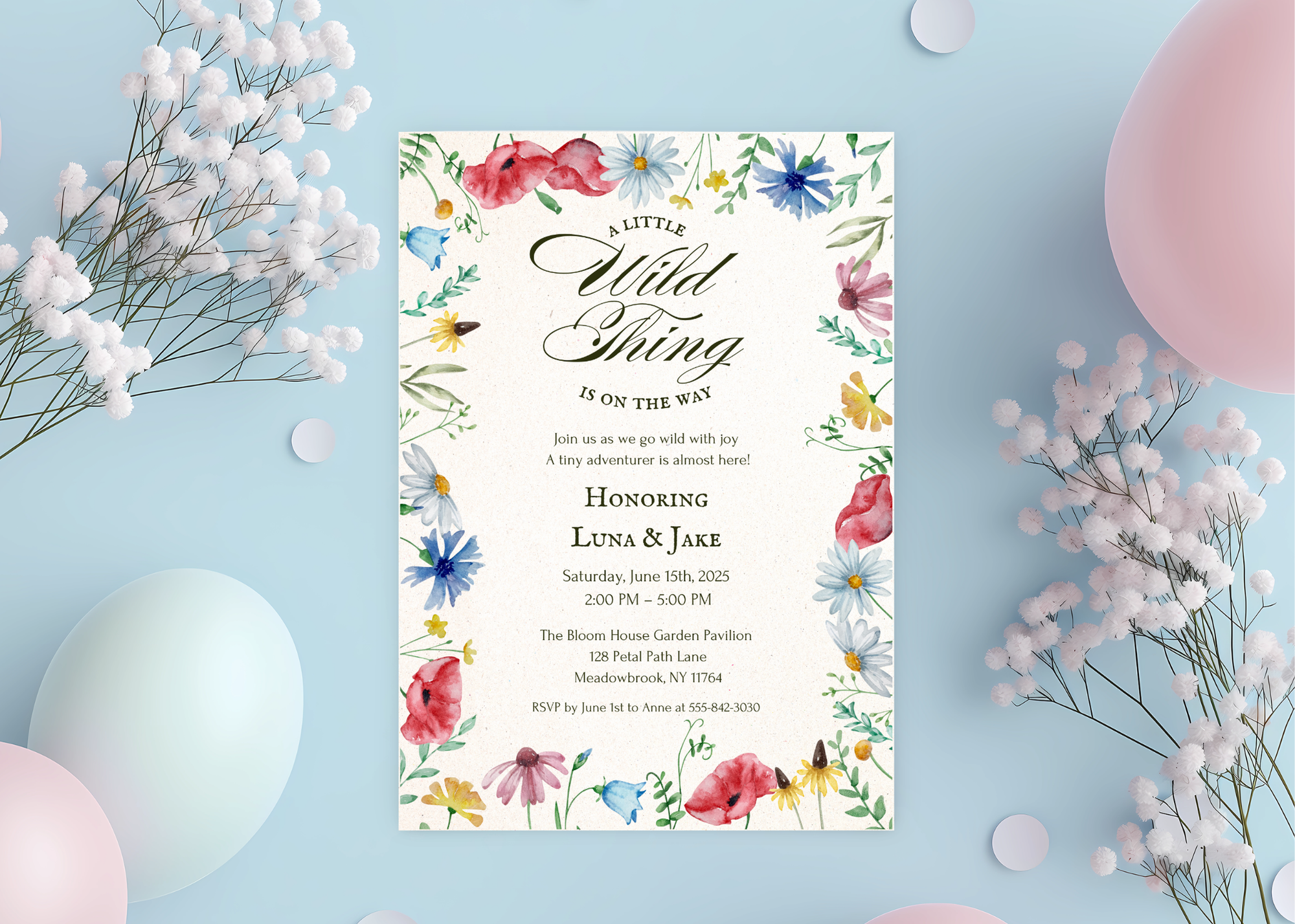 A Little Wildflower Is on the Way – Editable Baby Shower Invitation | Canva Template | Printable Floral Invite for Girl Baby Shower