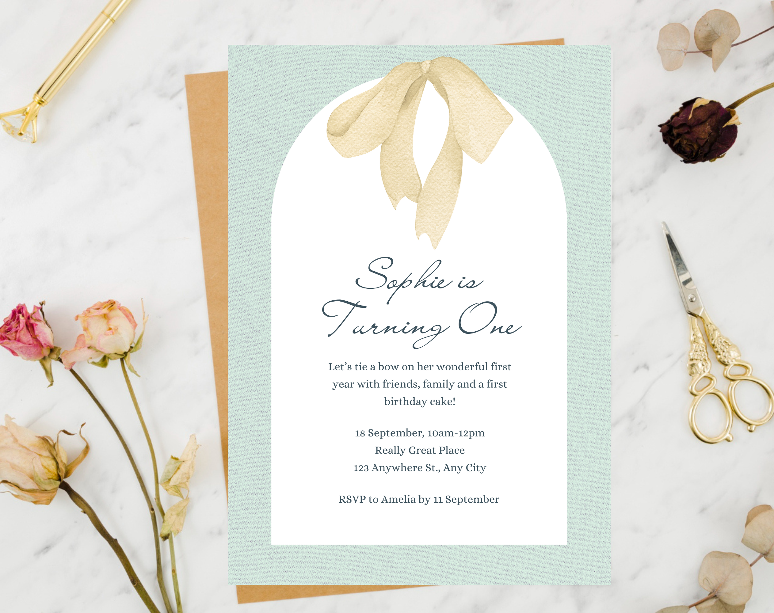 First Birthday Invitation Girl | Light Green Yellow Bow Theme | Editable Canva Template | Printable 1st Birthday Party Invite for Her