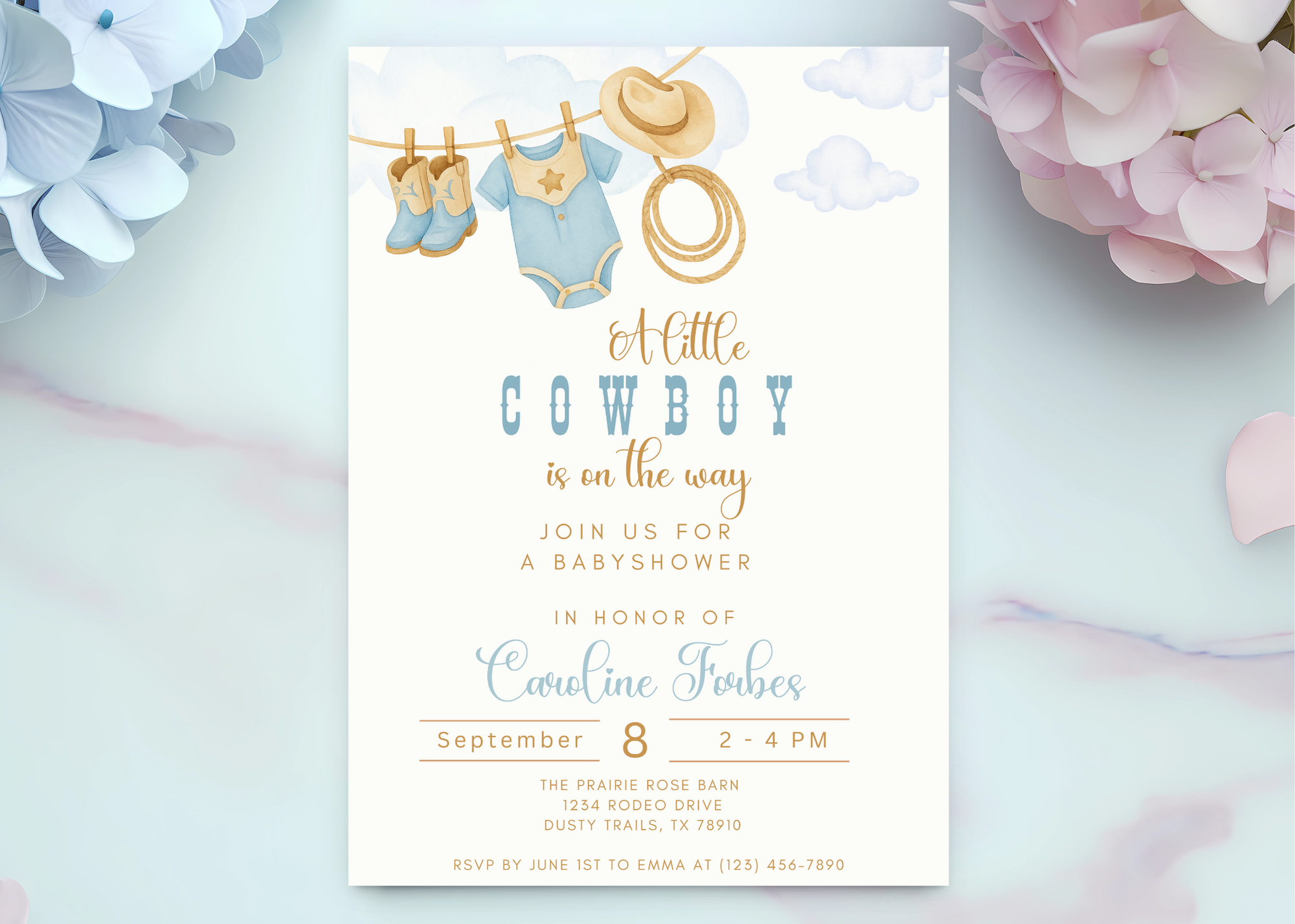 A Little Cowboy is on the Way Invitation | Editable Western Baby Shower Template | Rustic Rodeo Theme | Printable Digital Download