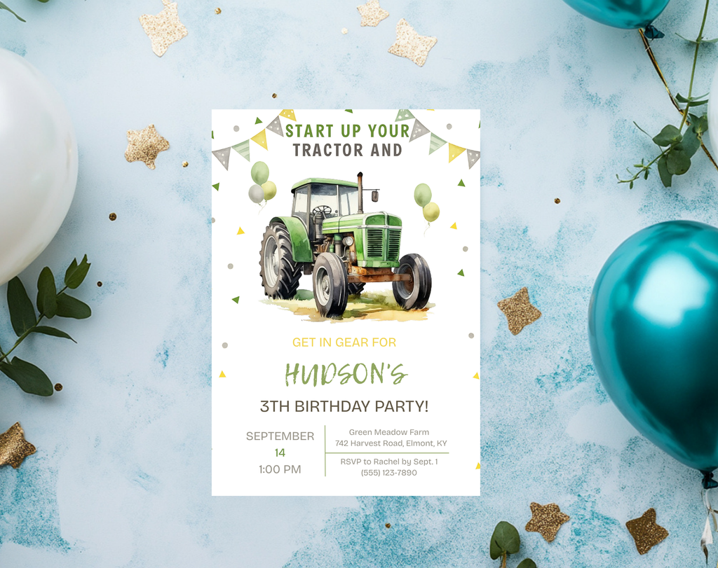 Green Tractor Birthday Invitation | Farm Boy Party Invite | Editable Printable Digital Download | Farm Vehicles Theme Birthday Invite