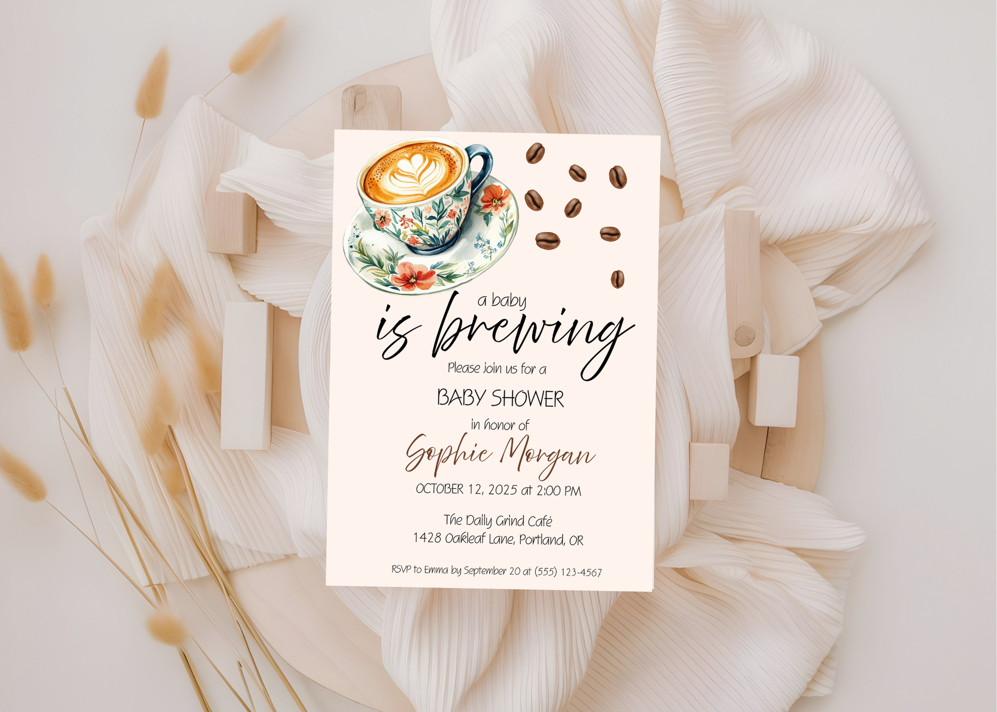 A Baby Is Brewing Invite | Coffee Baby Shower Invitation | Canva Template | Printable 5x7 | Editable Digital Download for Baby Girl or Boy