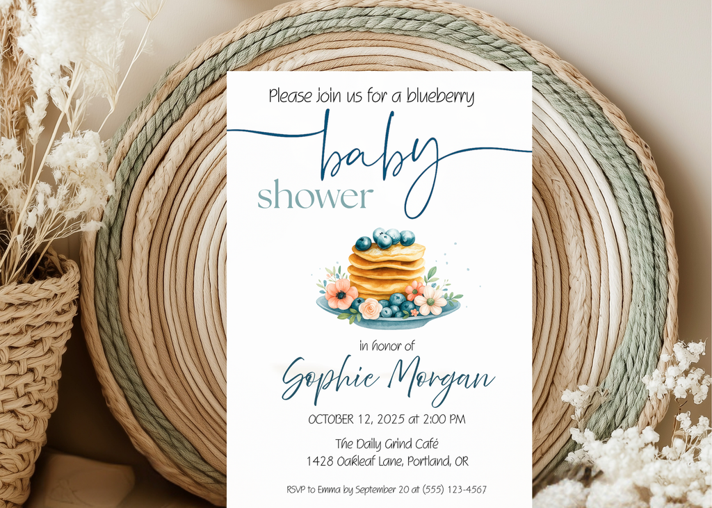 Blueberry Baby Shower Invitation Editable Canva Template Blueberry Pancake Sweet Brunch Invite Printable Digital Download Baby on the Way