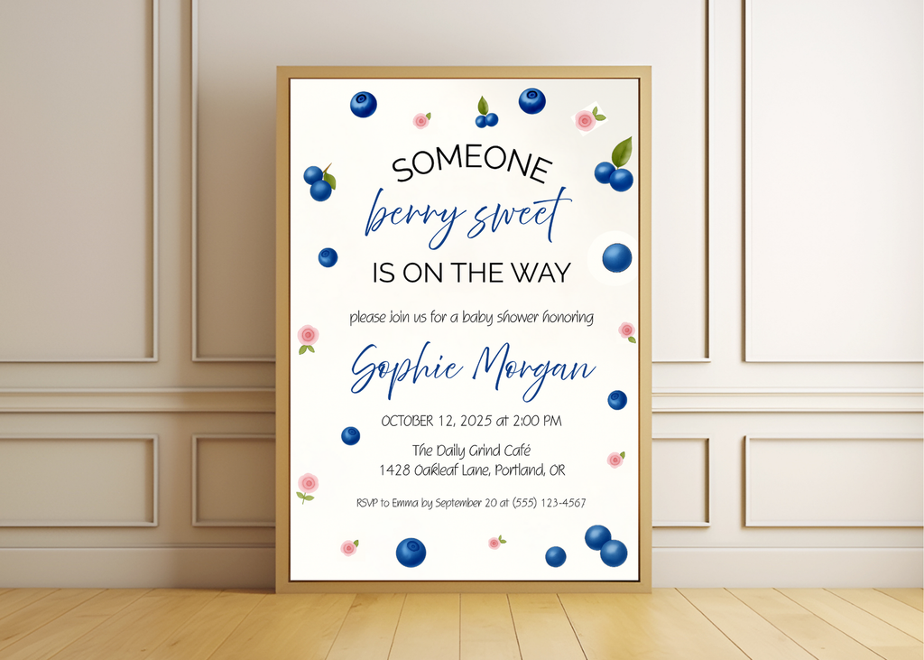 Someone Berry Sweet Is On the Way Baby Shower Invite Blueberries Canva Template | Editable Printable Digital Download Blueberry Baby Shower