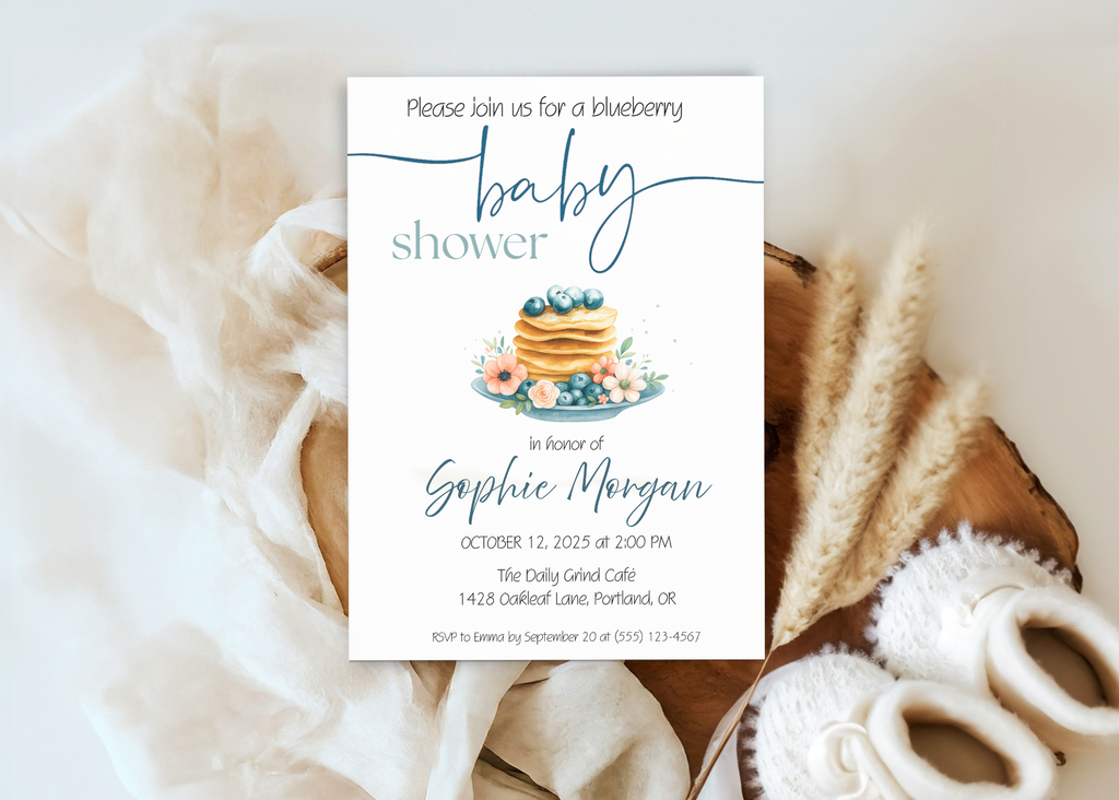 Blueberry Baby Shower Invitation Editable Canva Template Blueberry Pancake Sweet Brunch Invite Printable Digital Download Baby on the Way