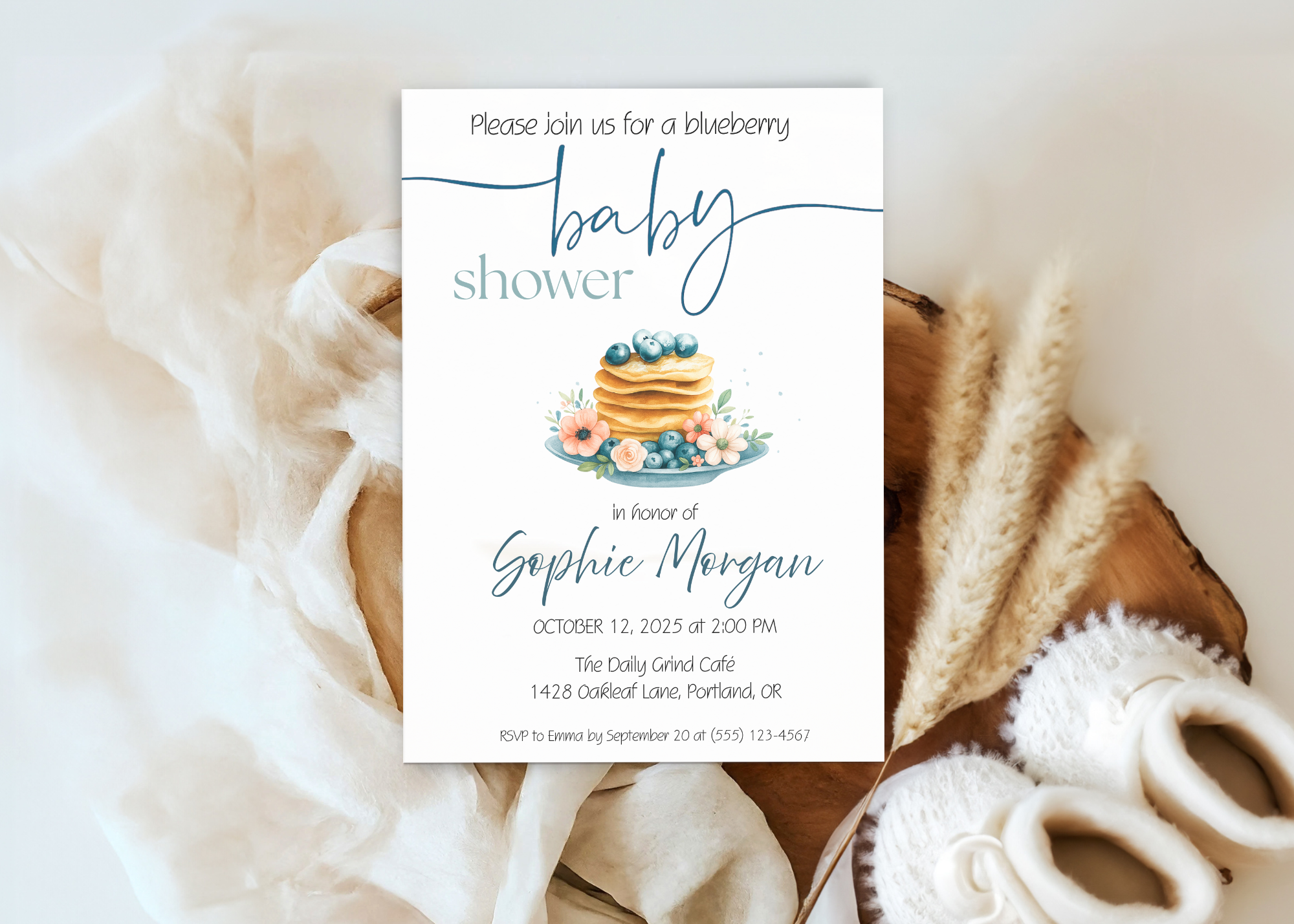 Blueberry Baby Shower Invitation Editable Canva Template Blueberry Pancake Sweet Brunch Invite Printable Digital Download Baby on the Way