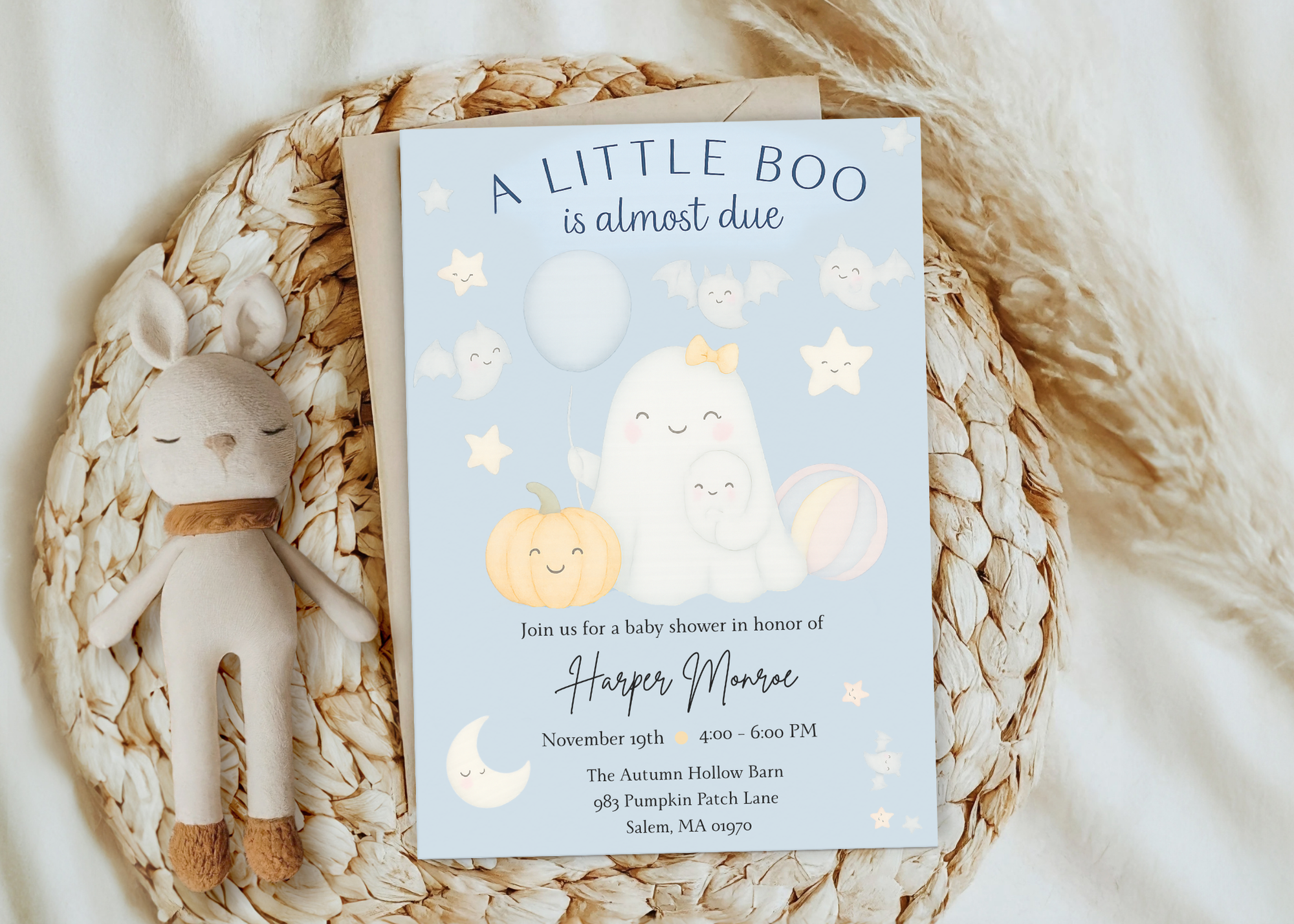 A Little Boo Baby Shower Invitation, Blue Halloween Baby Shower Invitation, Ghost Halloween Boy Baby Shower Invite, Editable Template Blue
