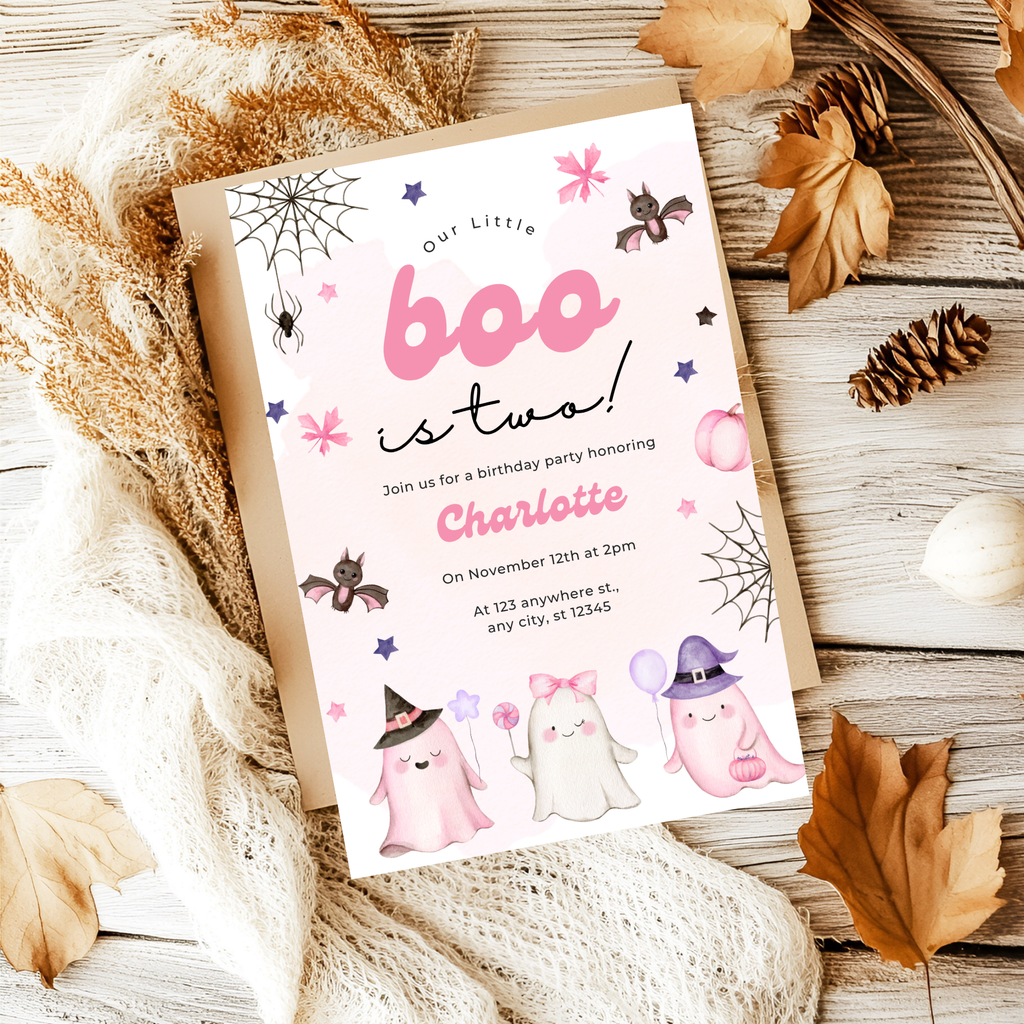 Our Little Boo is Turning Two Halloween Birthday Invitation Cute Ghost 2nd Birthday Party Invite Printable Halloween Toddler Girly pastel