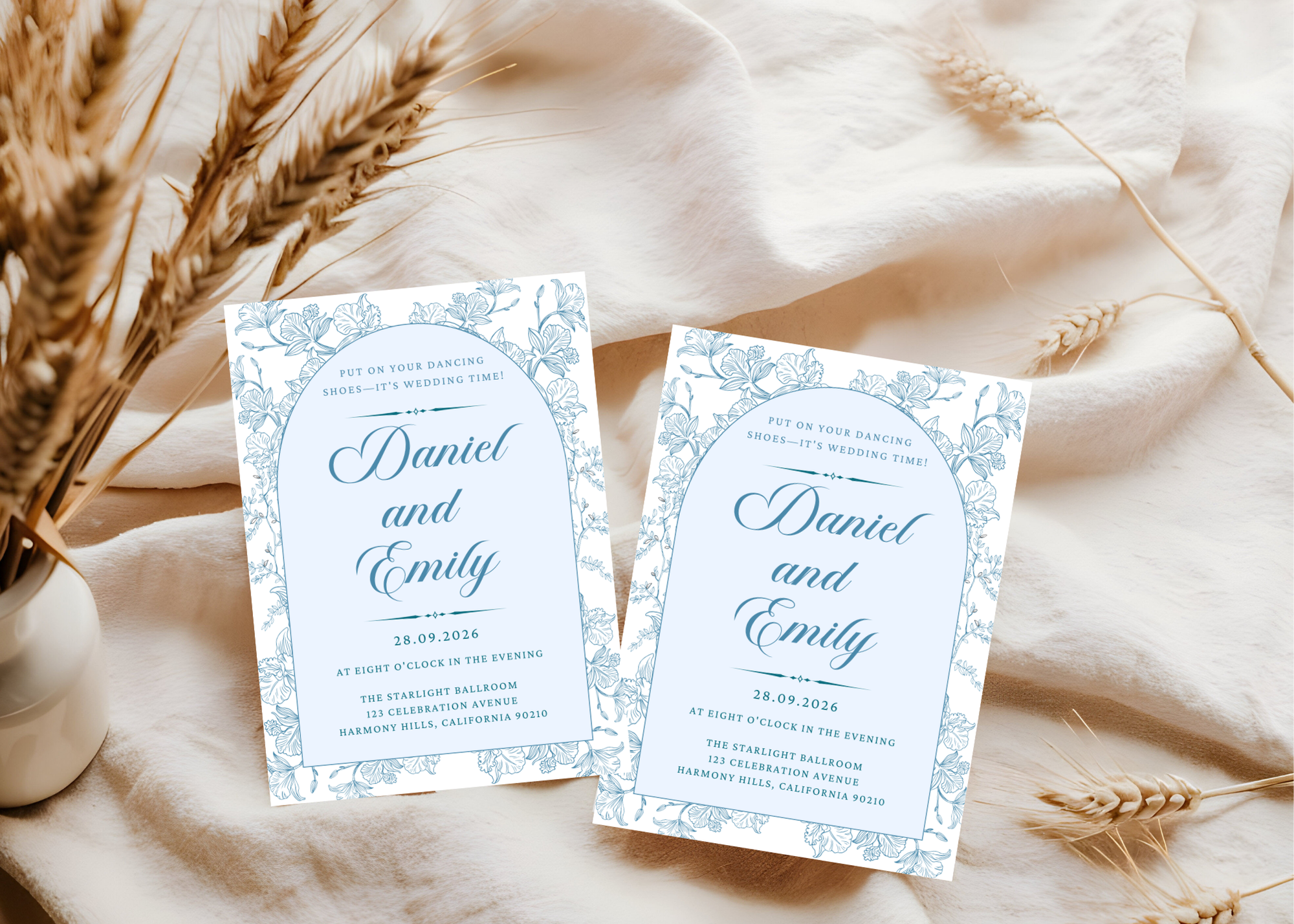 Blue Toile Wedding Invitation | French Chinoiserie Floral Suite | Editable Canva Template | Dusty Blue Printable Elegant Wedding Invite