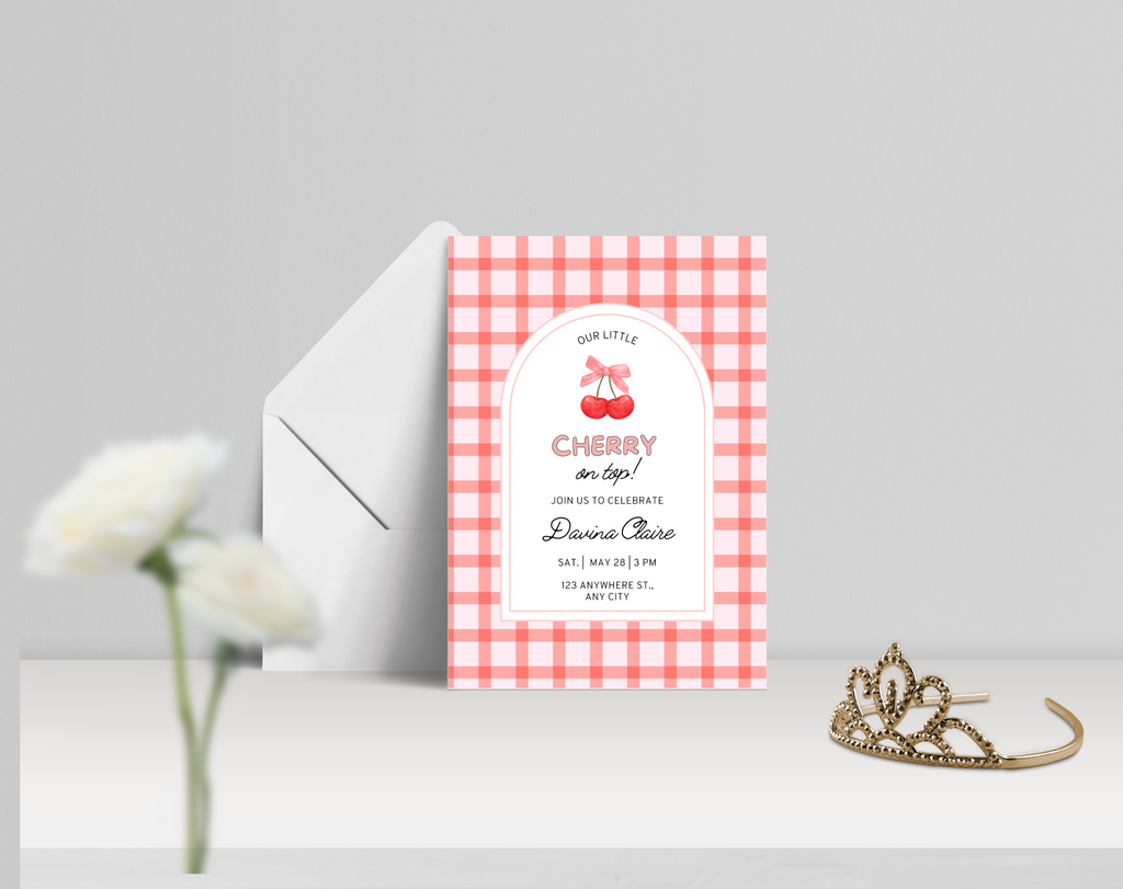 Cherry on Top Birthday Invitation | Editable Canva Template | Sweet Cherry Theme Party Invite | Printable Digital Download for Girls