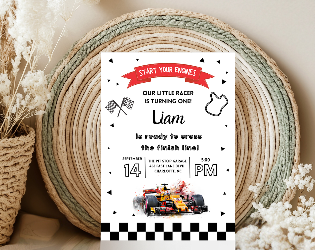 Race Car 1st Birthday Invitation for Boys | Formula One Racing Theme | Editable 5x7 Canva Template | Printable Digital Download Invite