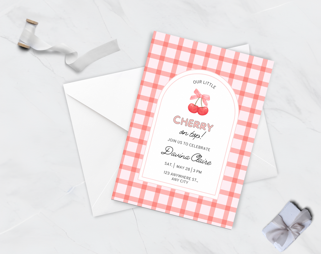 Cherry on Top Birthday Invitation | Editable Canva Template | Sweet Cherry Theme Party Invite | Printable Digital Download for Girls