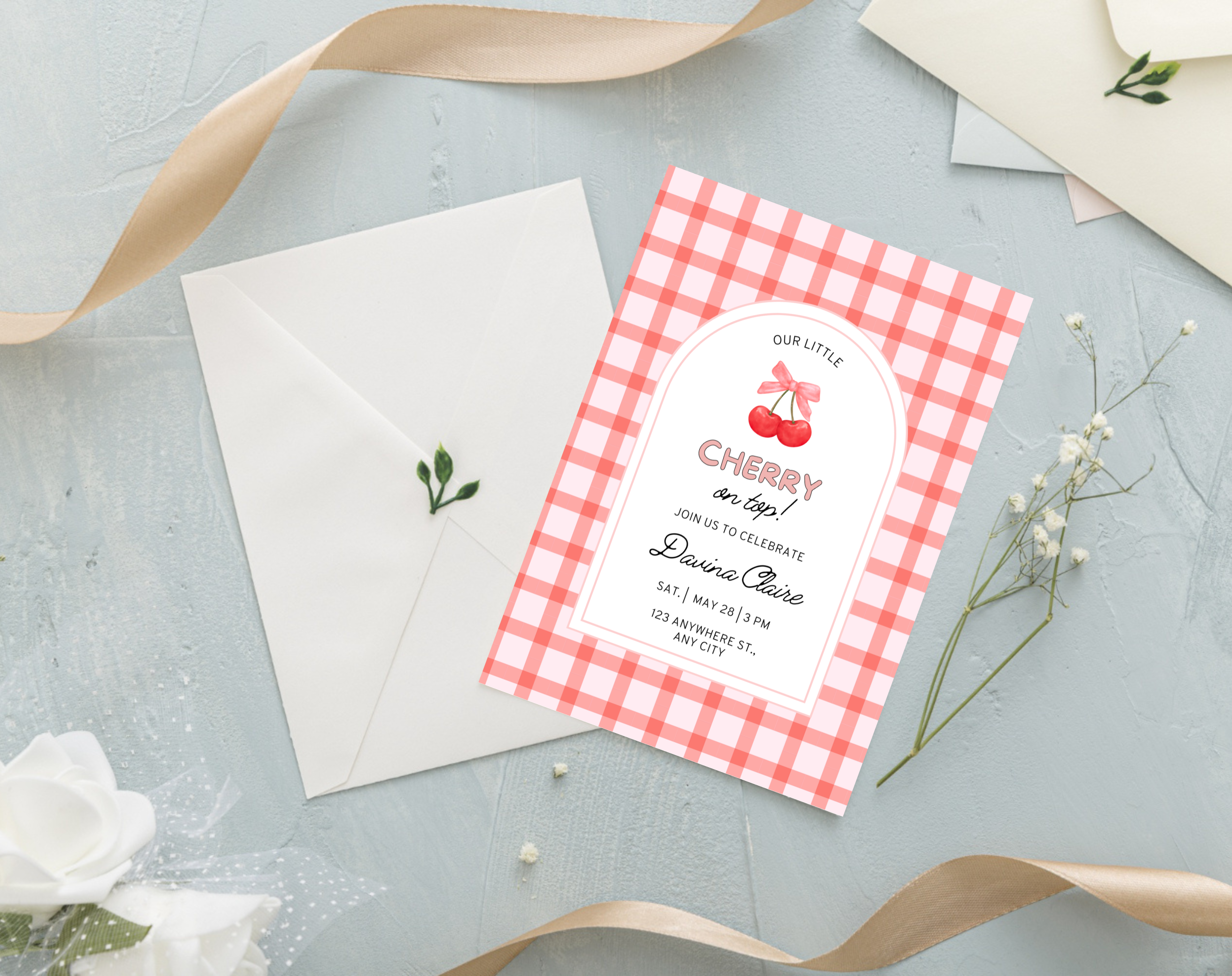 Cherry on Top Birthday Invitation | Editable Canva Template | Sweet Cherry Theme Party Invite | Printable Digital Download for Girls