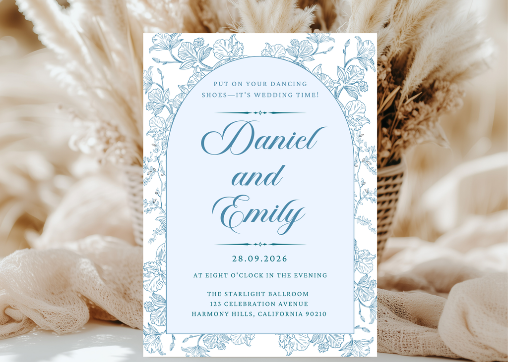 Blue Toile Wedding Invitation | French Chinoiserie Floral Suite | Editable Canva Template | Dusty Blue Printable Elegant Wedding Invite